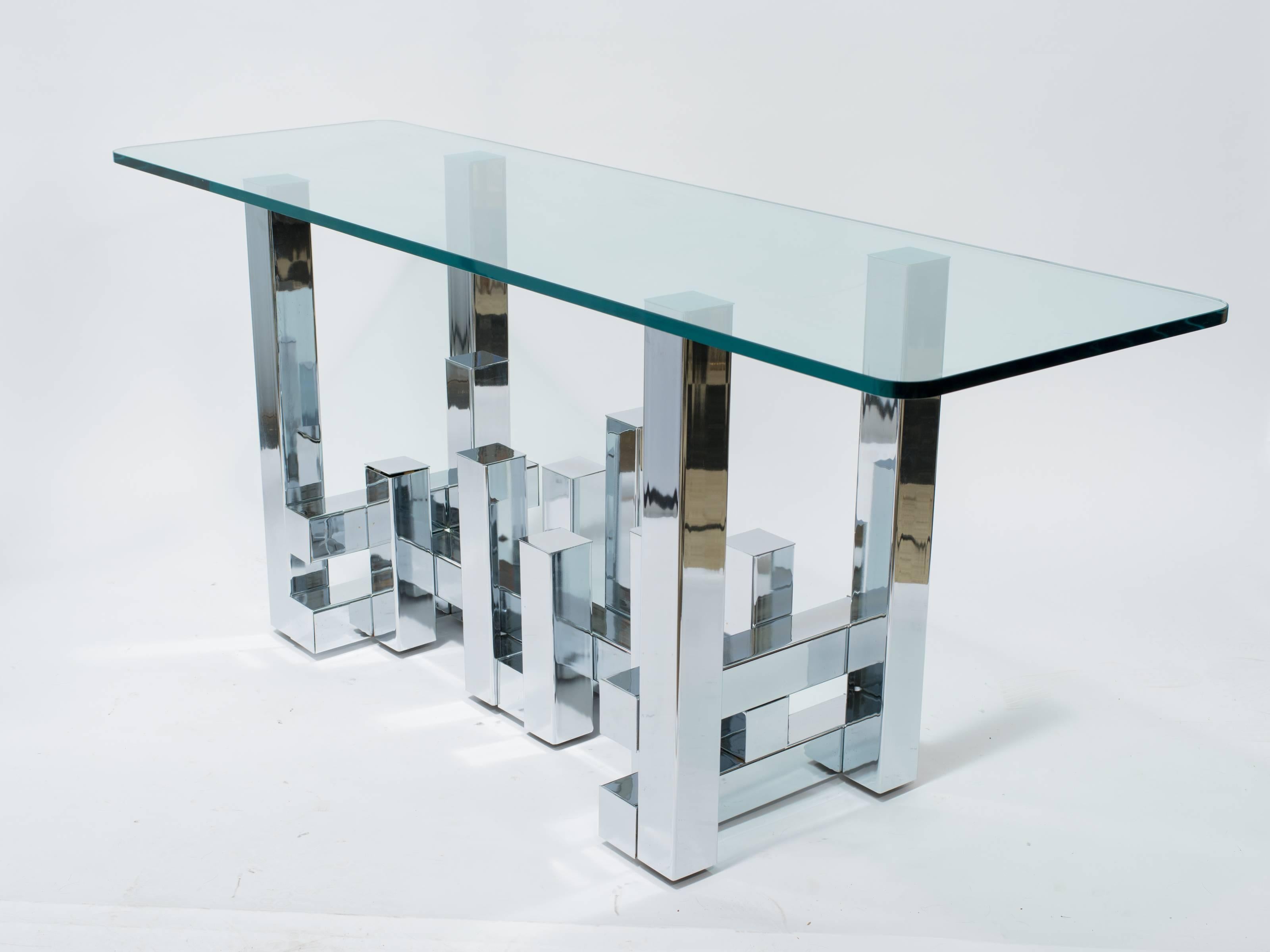 Chrome and glass Cityscape console table.