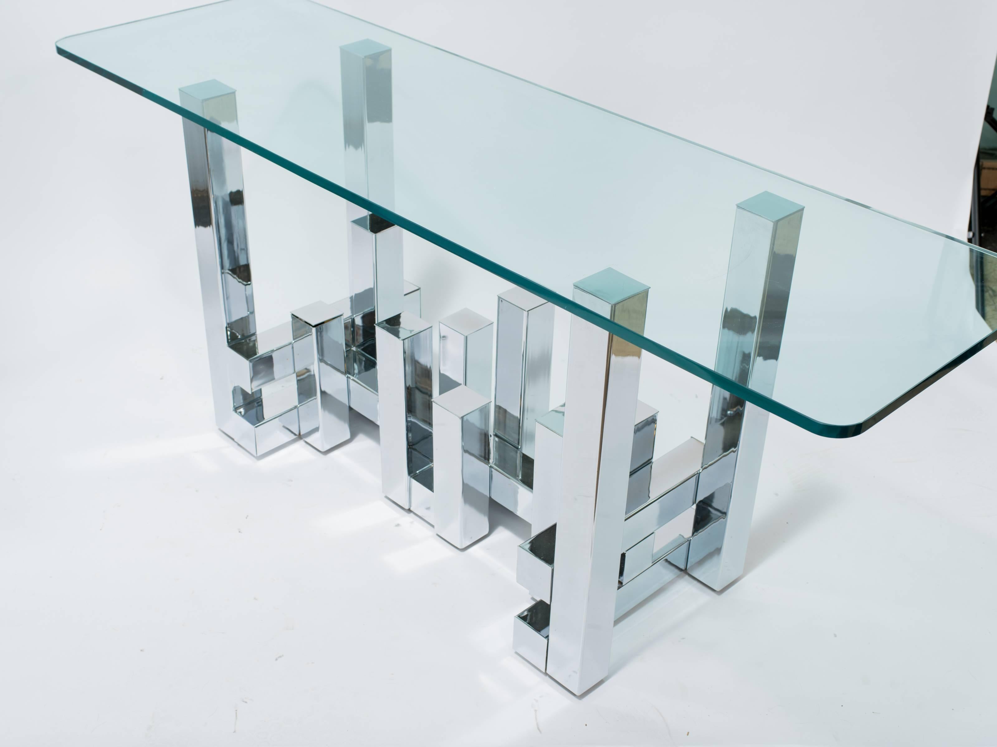 Mid-Century Modern 1970s Chrome and Glass Cityscape Console Table