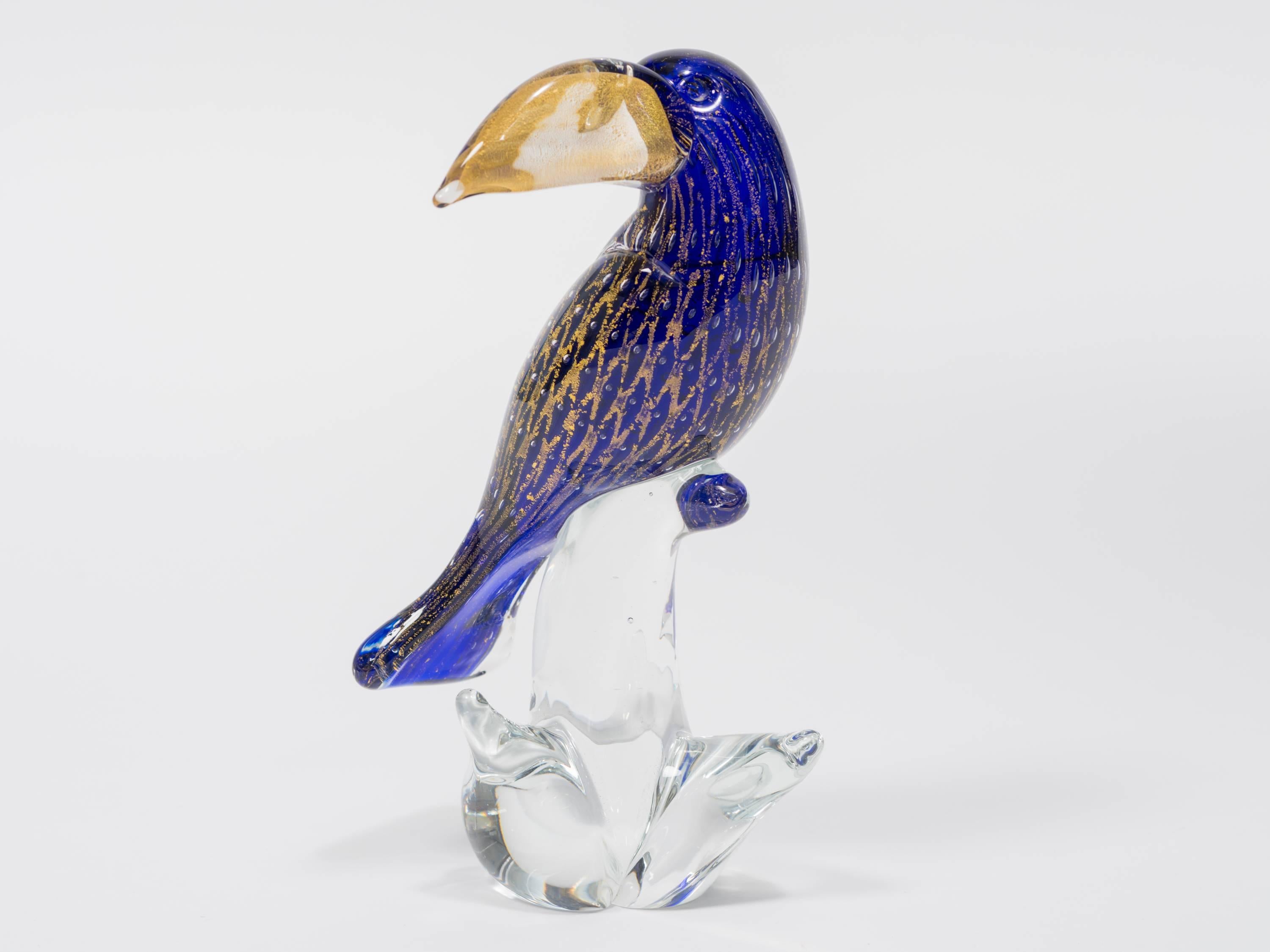 Italian Blue and Gold Flake Murano Glass Toucan Bird