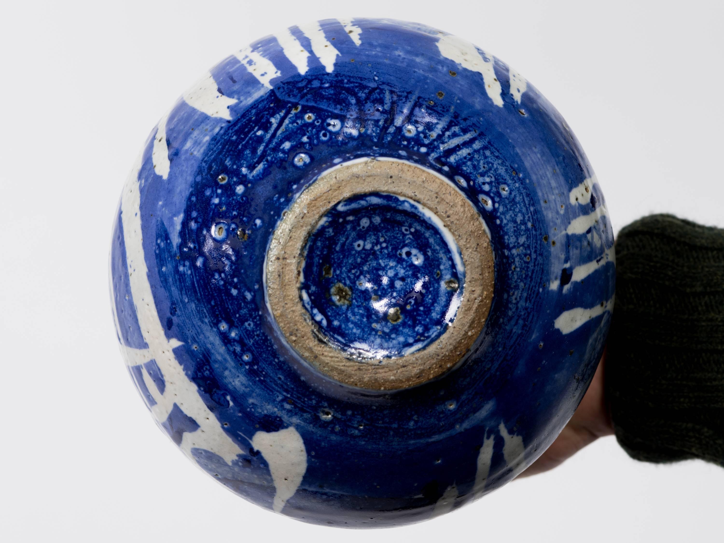 Mid-Century Modern Signed Danish Style Blue and White Pottery Vase