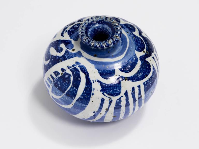 Signed Danish Style Blue and White Pottery Vase at 1stDibs