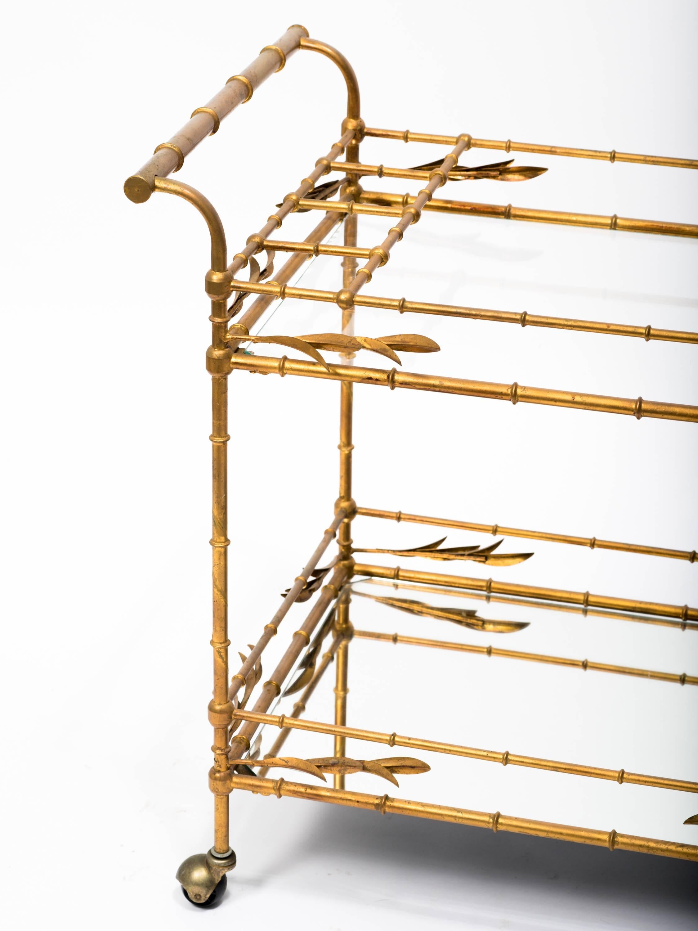 Mid-20th Century Faux Bamboo Gilt Metal Serving Cart, Italy