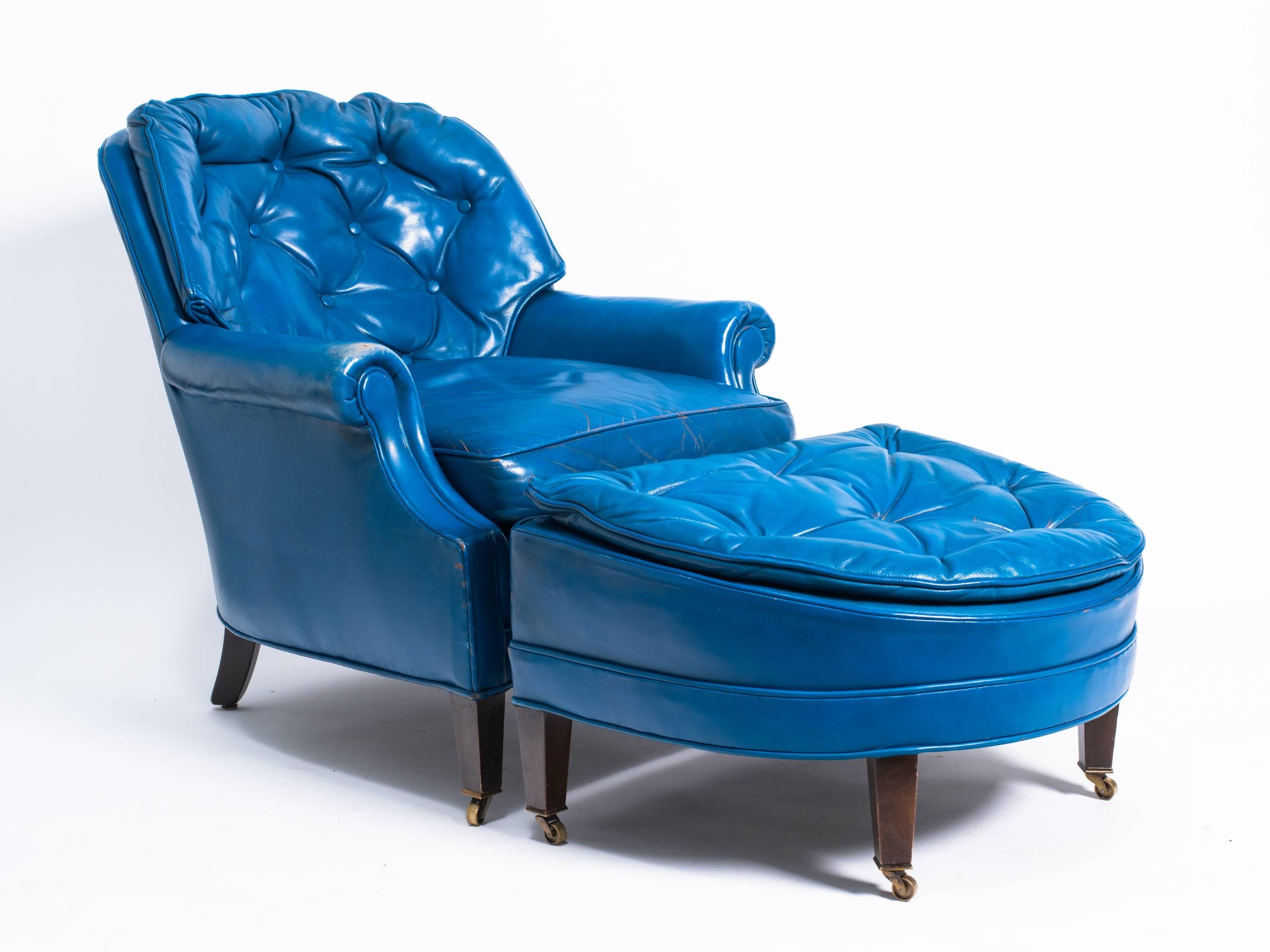 Mid-Century Modern Pair of Distressed Blue Leather Lounge Chair with Ottoman