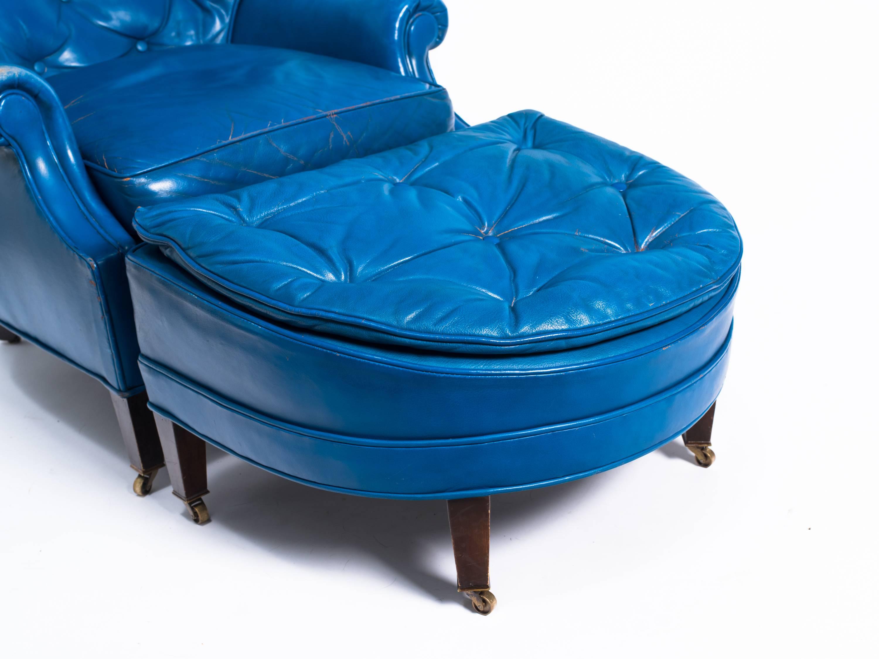 Pair of Distressed Blue Leather Lounge Chair with Ottoman In Distressed Condition In Tarrytown, NY
