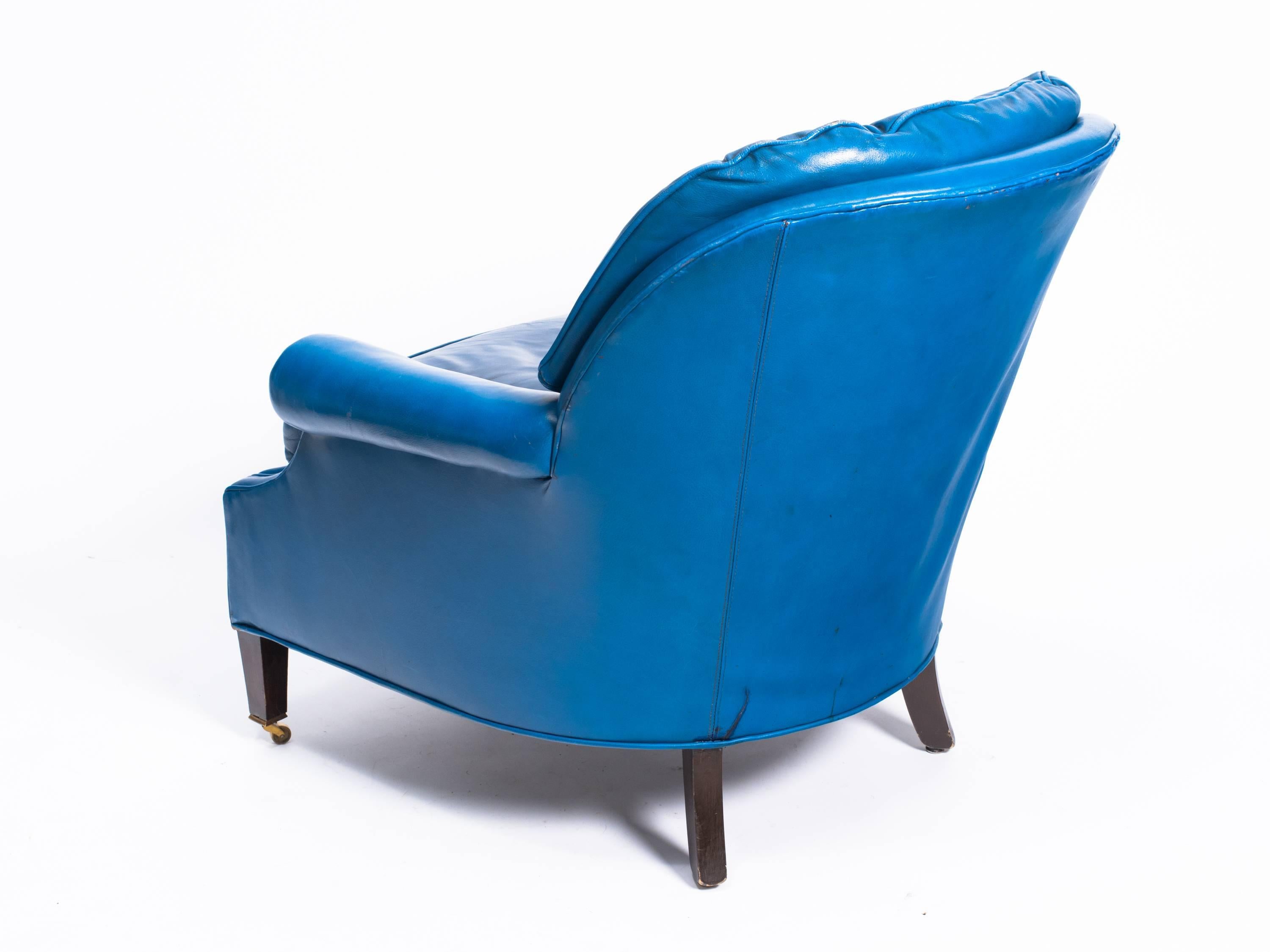 Pair of Distressed Blue Leather Lounge Chair with Ottoman 2