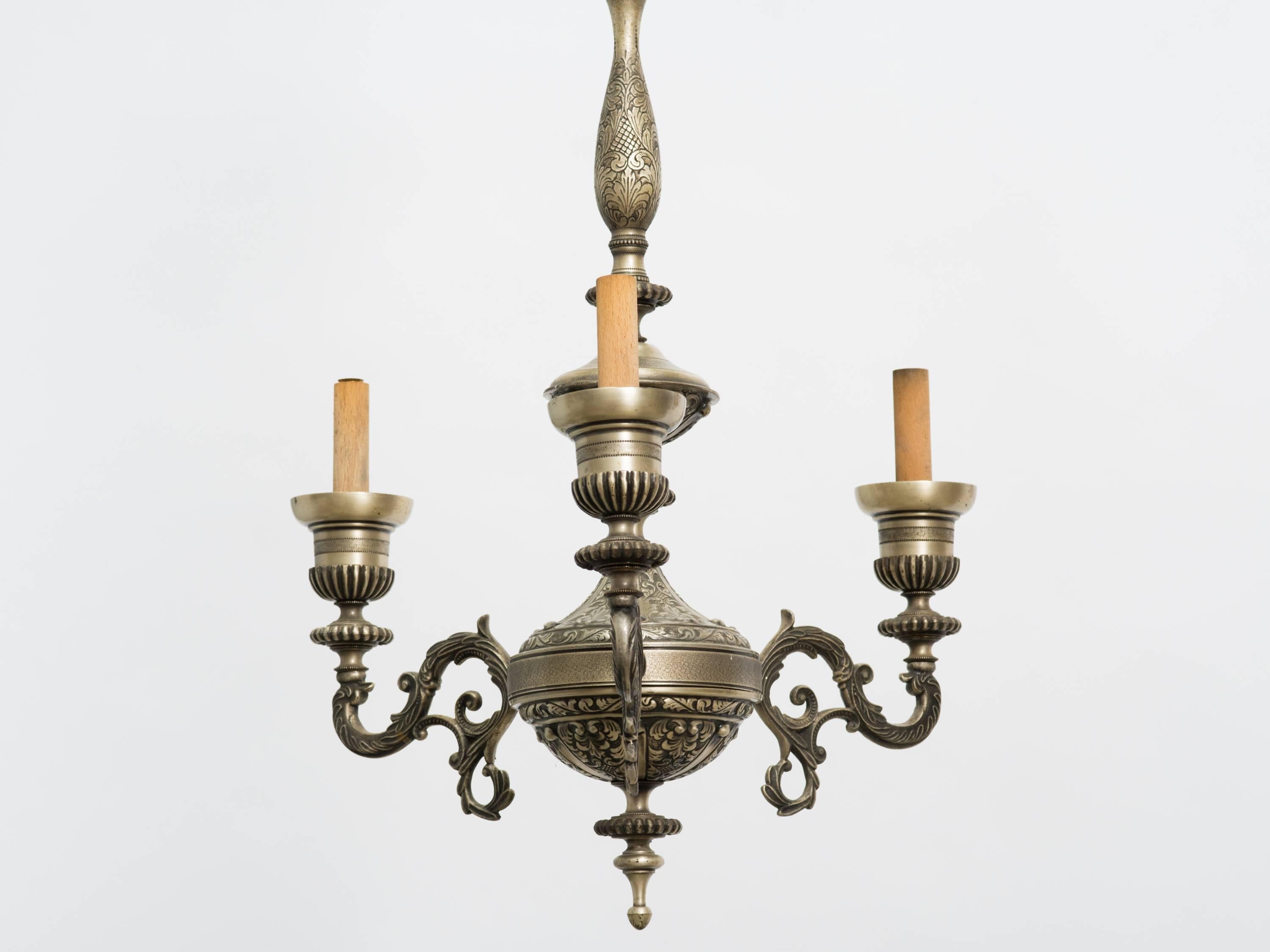 French style three-arm silver plate chandelier.
Height is 34