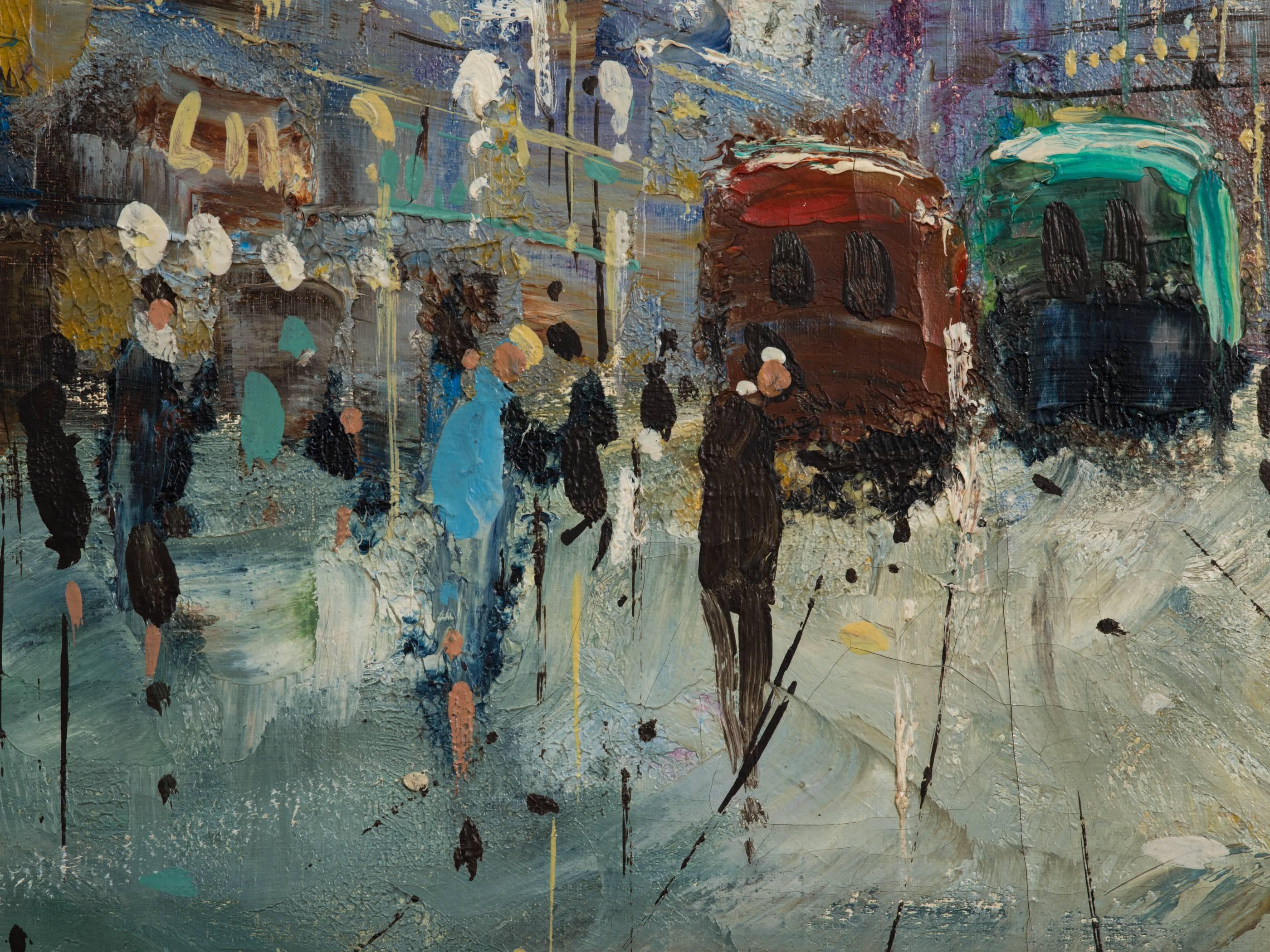 Mid-Century Modern French Street Scene Oil Painting