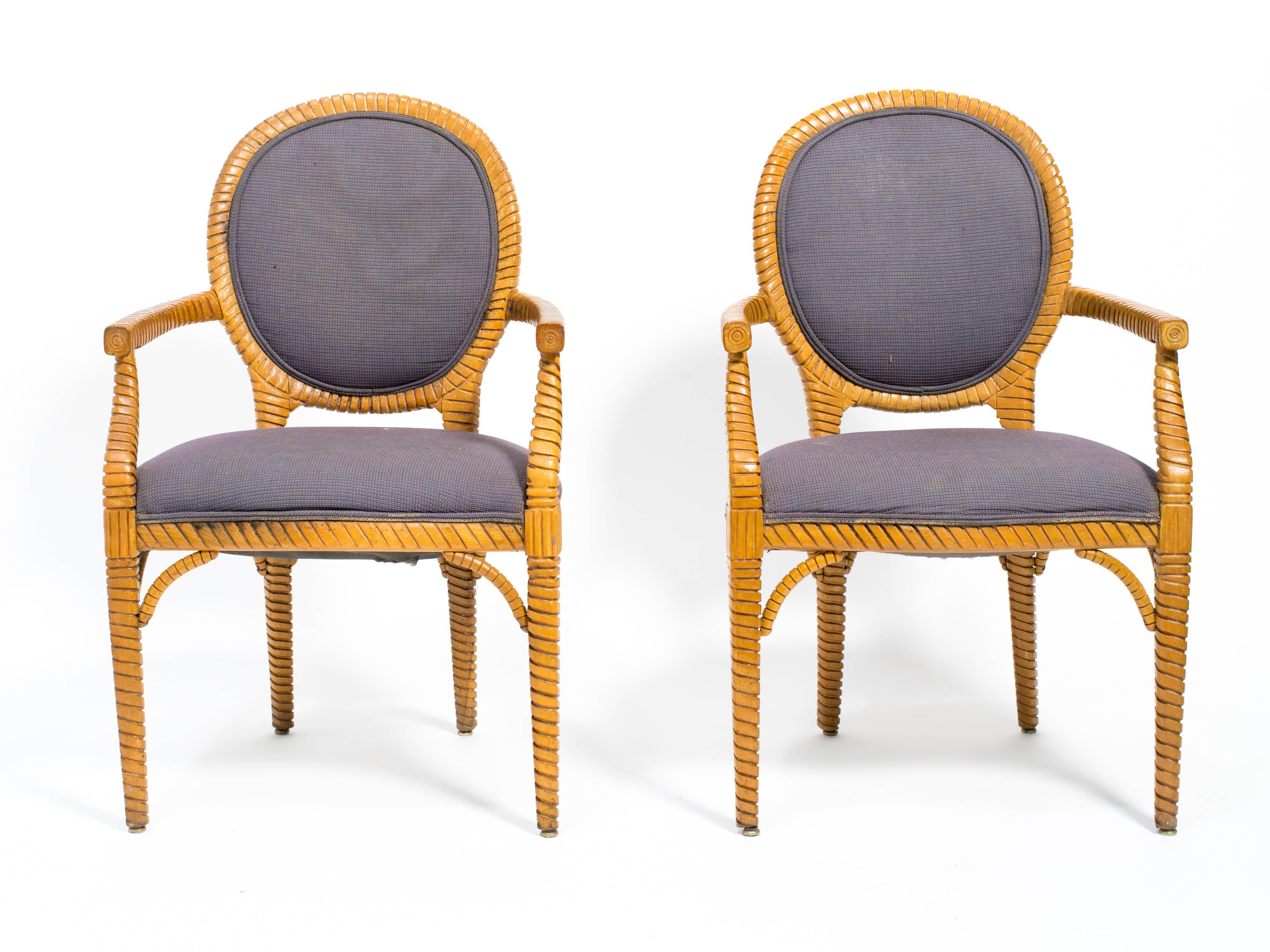 Pair of Carved Wood Upholstered Armchairs In Good Condition For Sale In Tarrytown, NY