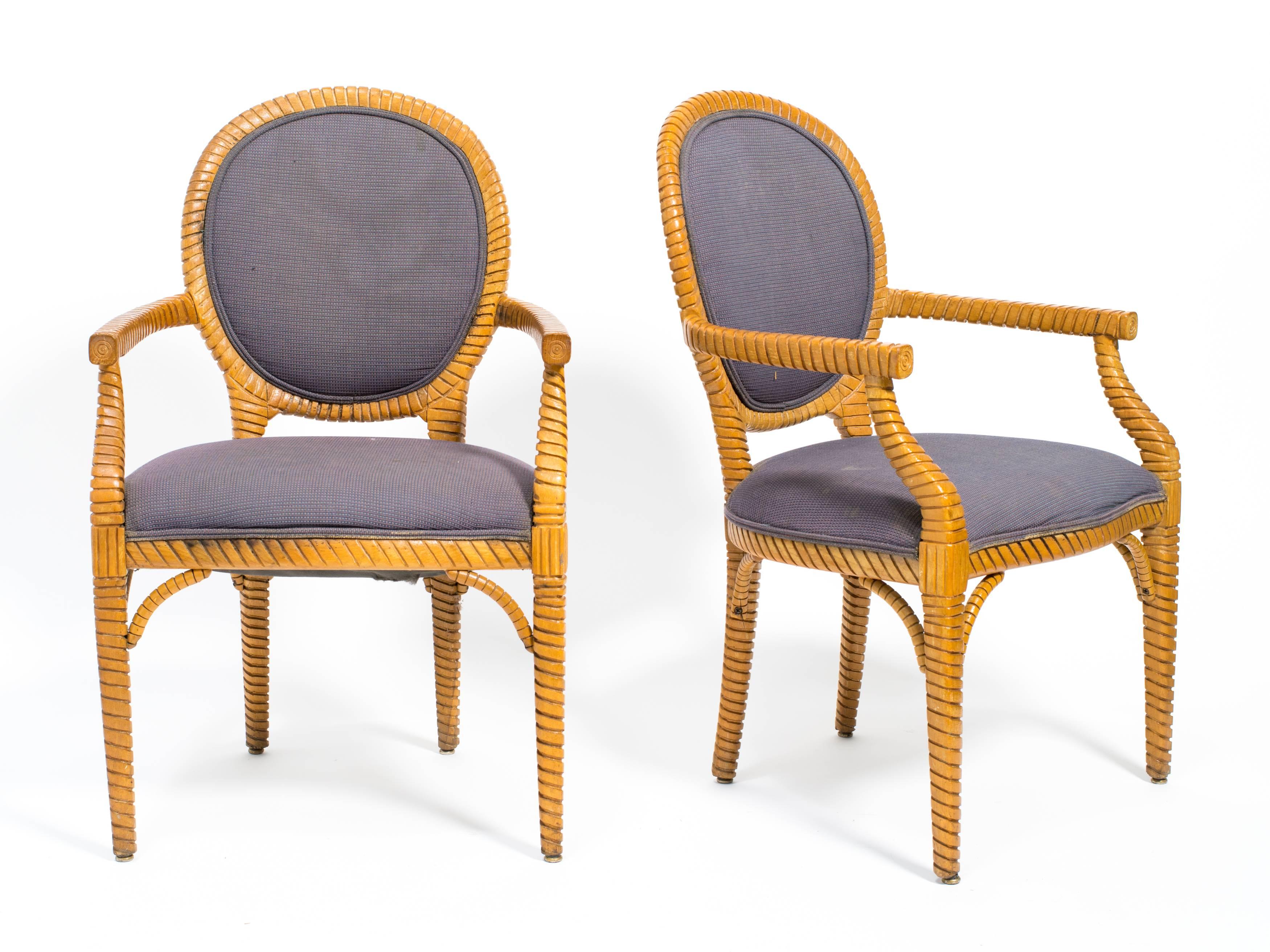 Late 20th Century Pair of Carved Wood Upholstered Armchairs For Sale