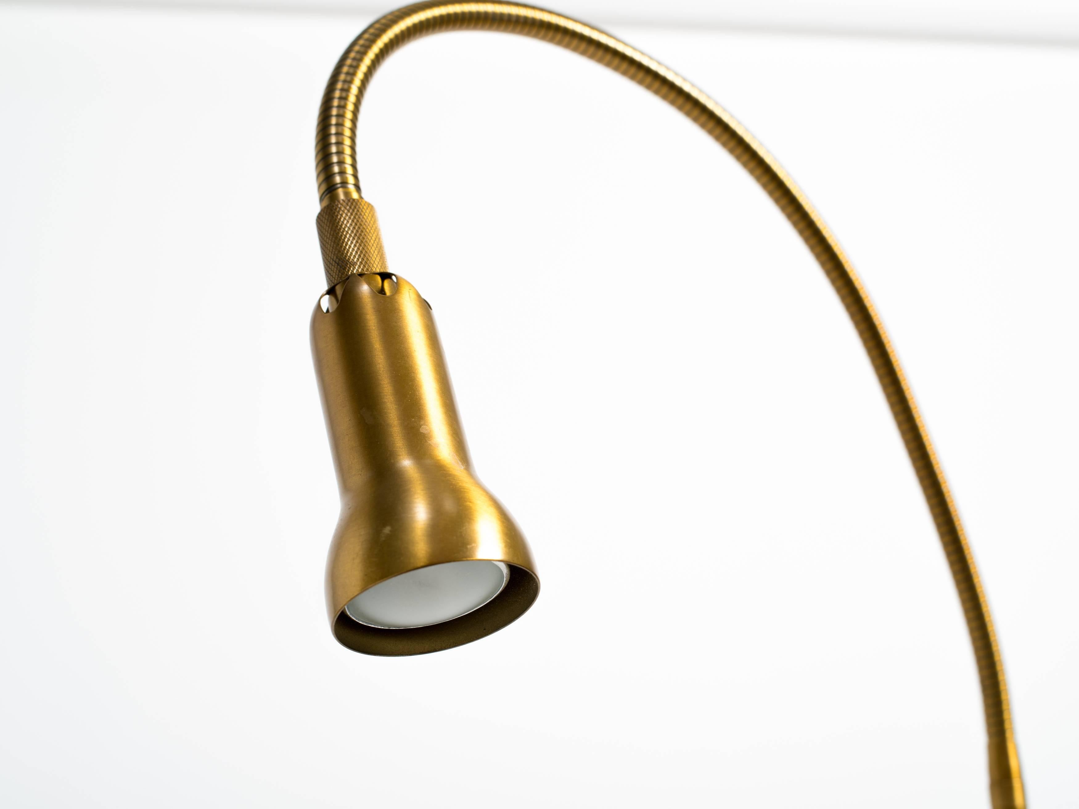 Brass gooseneck floor lamp. It has a dimmer on/off switch and adjustable spot light.