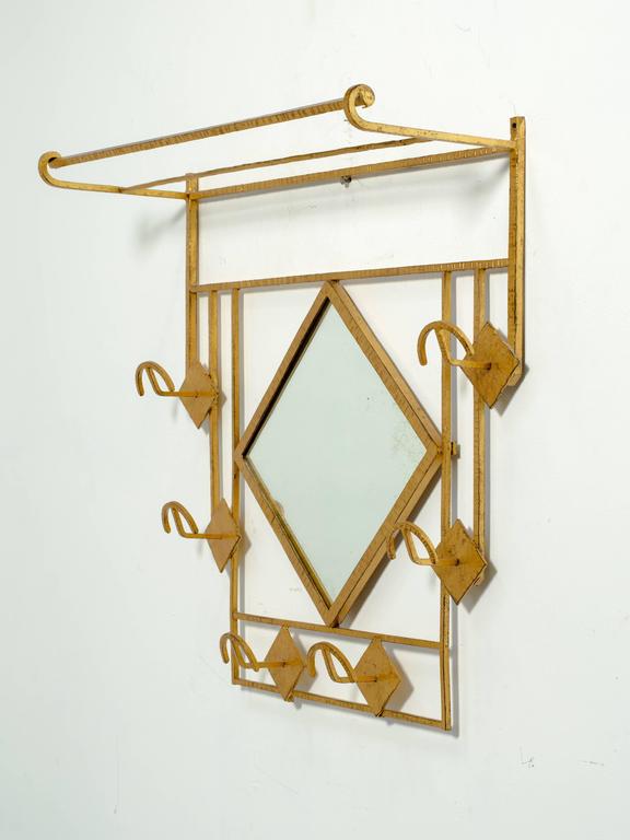 Art Deco Style Gilt Iron Coat Rack with Mirror For Sale at 1stDibs