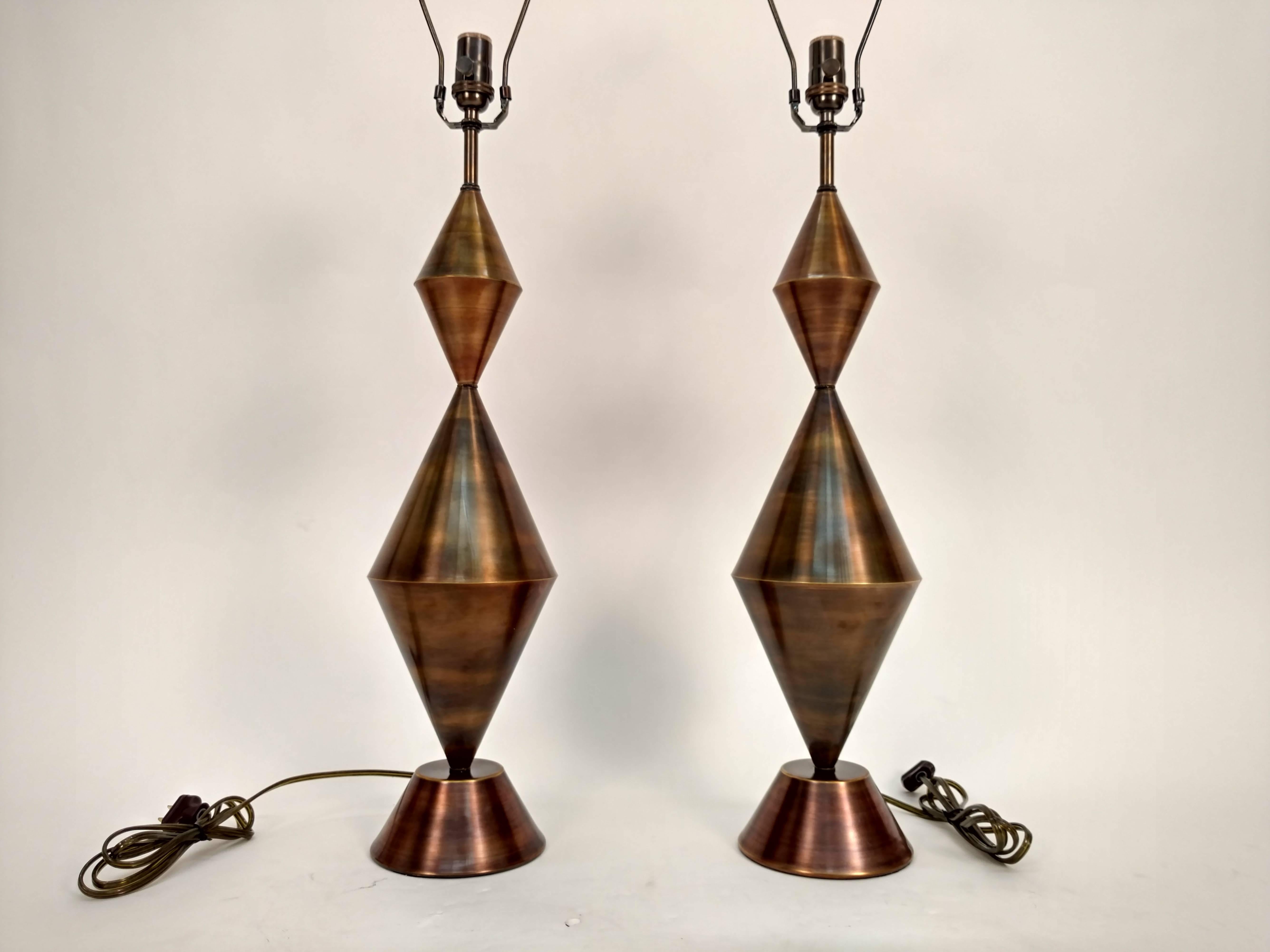 Contemporary Pair of Antique Brass Conical Table Lamps Handcrafted