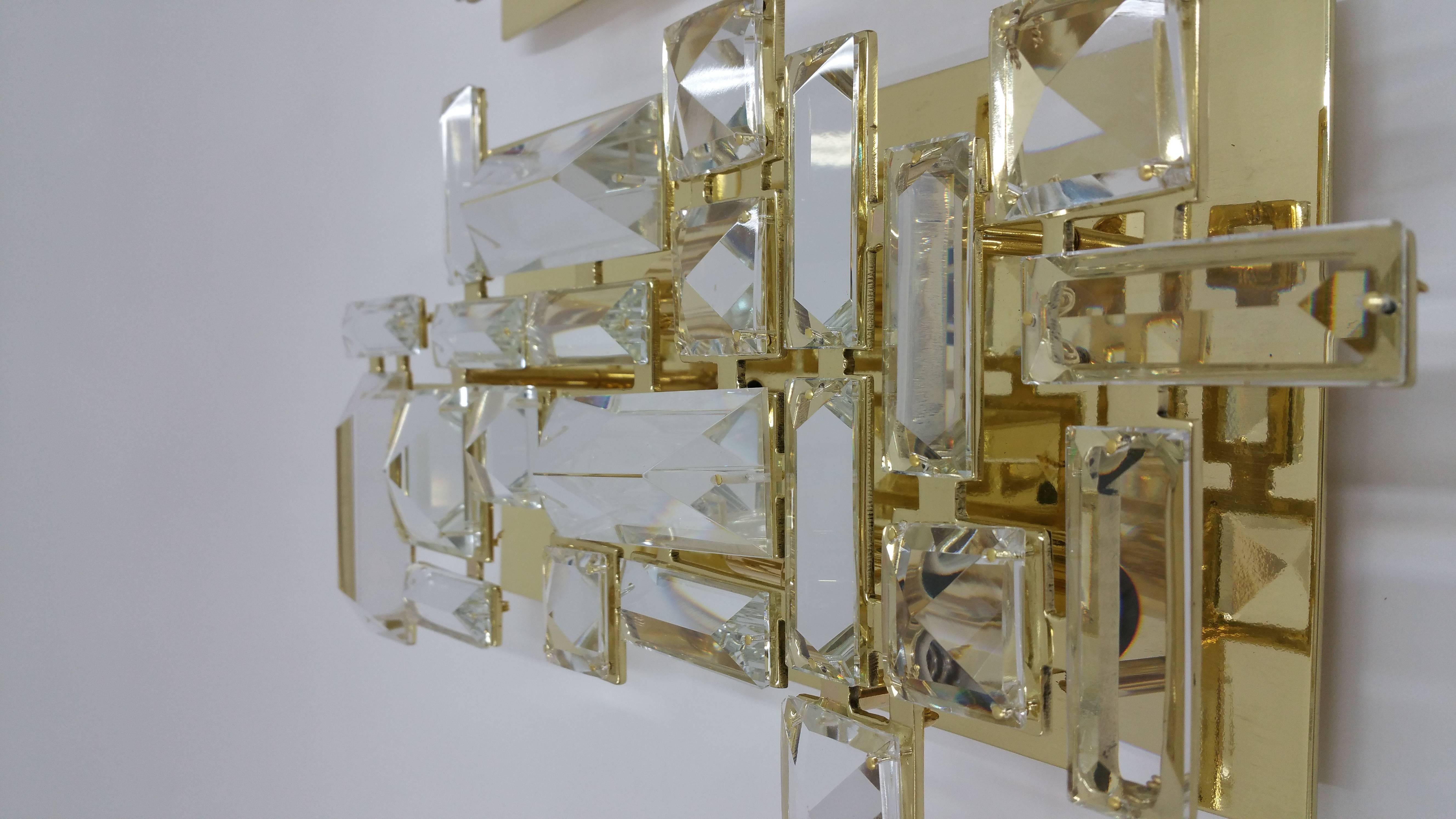 Brass Pair of Hand-Cut Crystal Sconces For Sale
