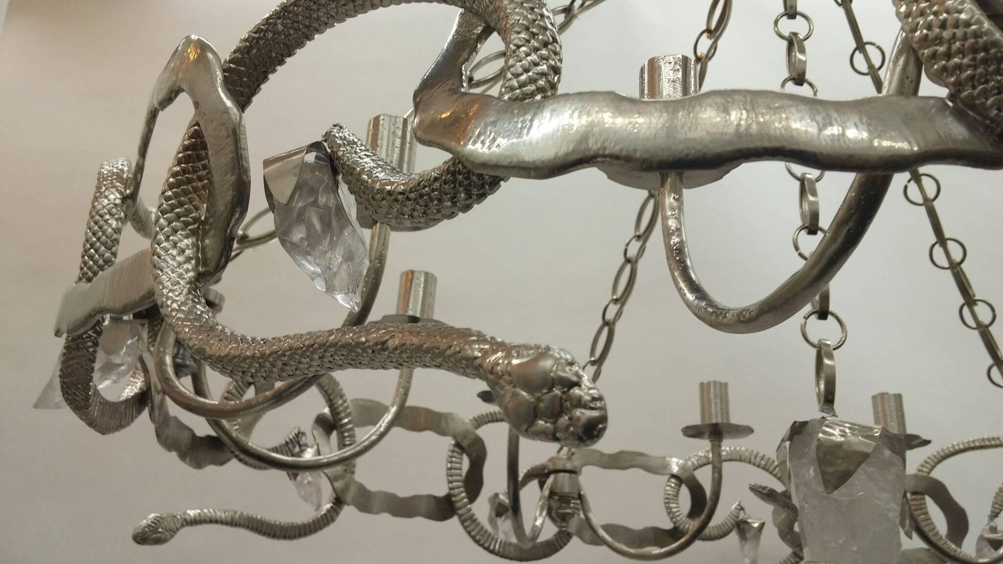 Cast Bronze and Rock Crystal Serpent Chandelier In Excellent Condition In Tarrytown, NY