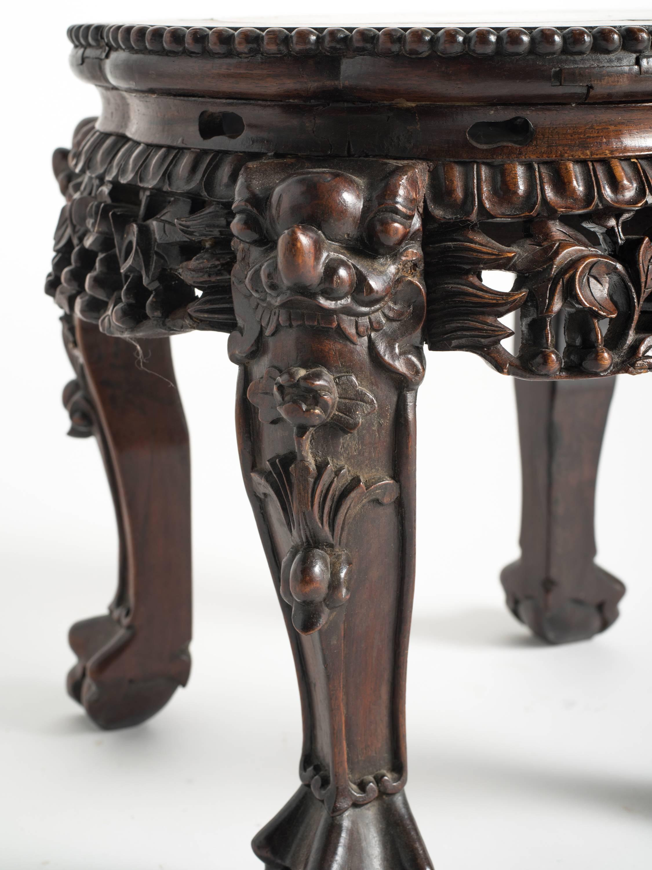 Chinese Export Chinese Carved Rosewood and Marble Side Table