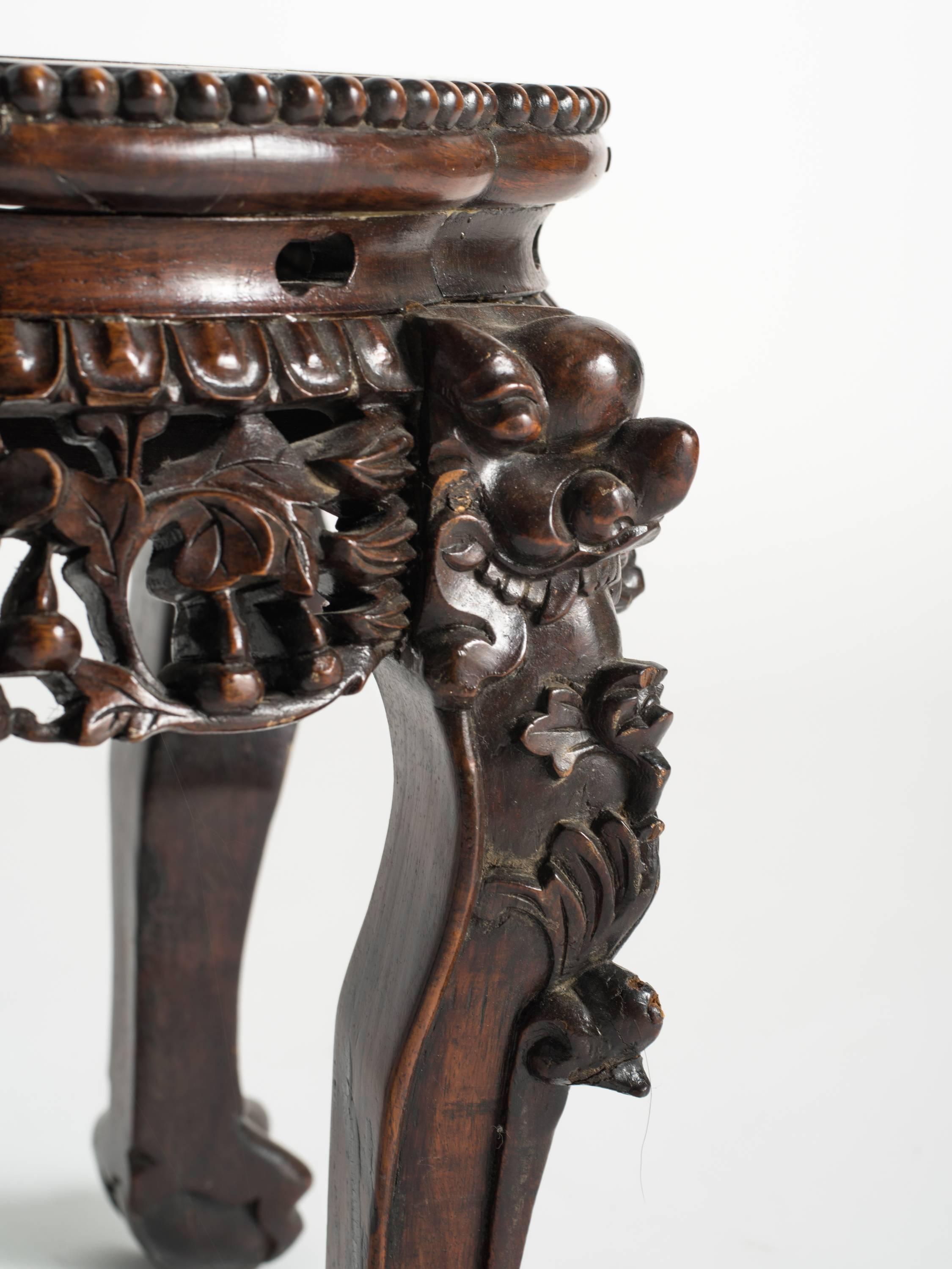 Chinese Carved Rosewood and Marble Side Table In Good Condition In Tarrytown, NY