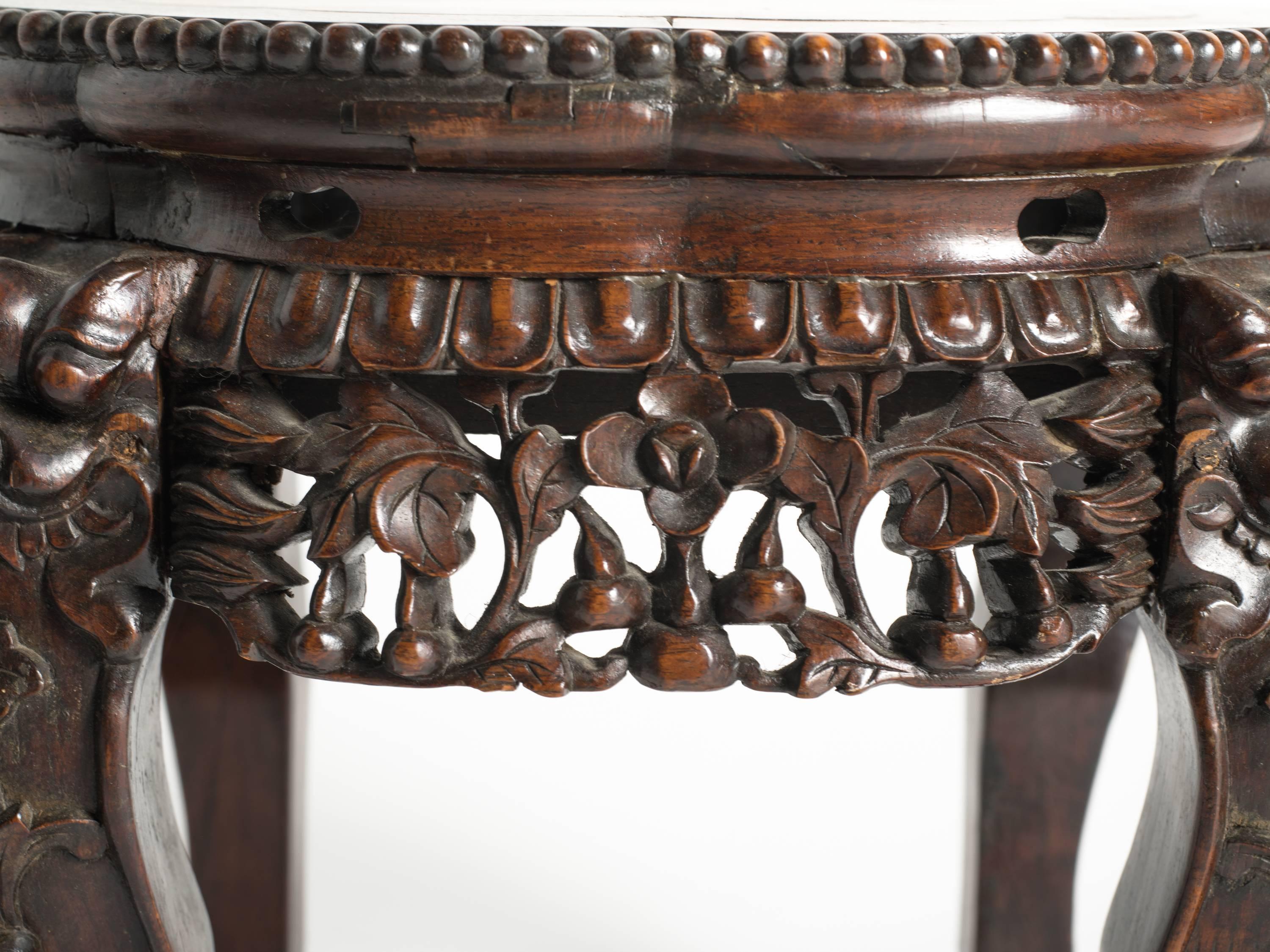 Chinese Carved Rosewood and Marble Side Table 1