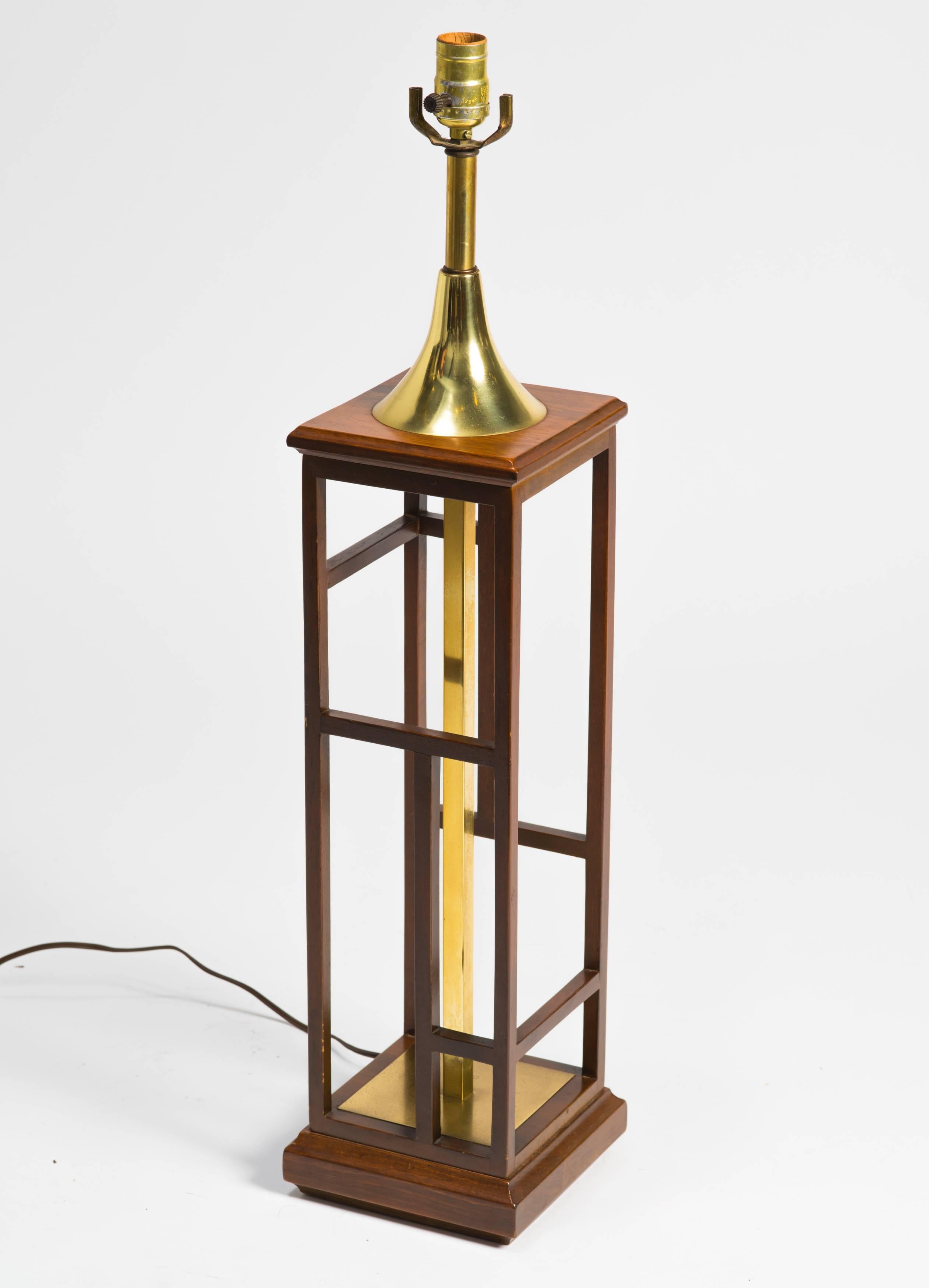 Asian Style Wood and Brass Table Lamp For Sale 1