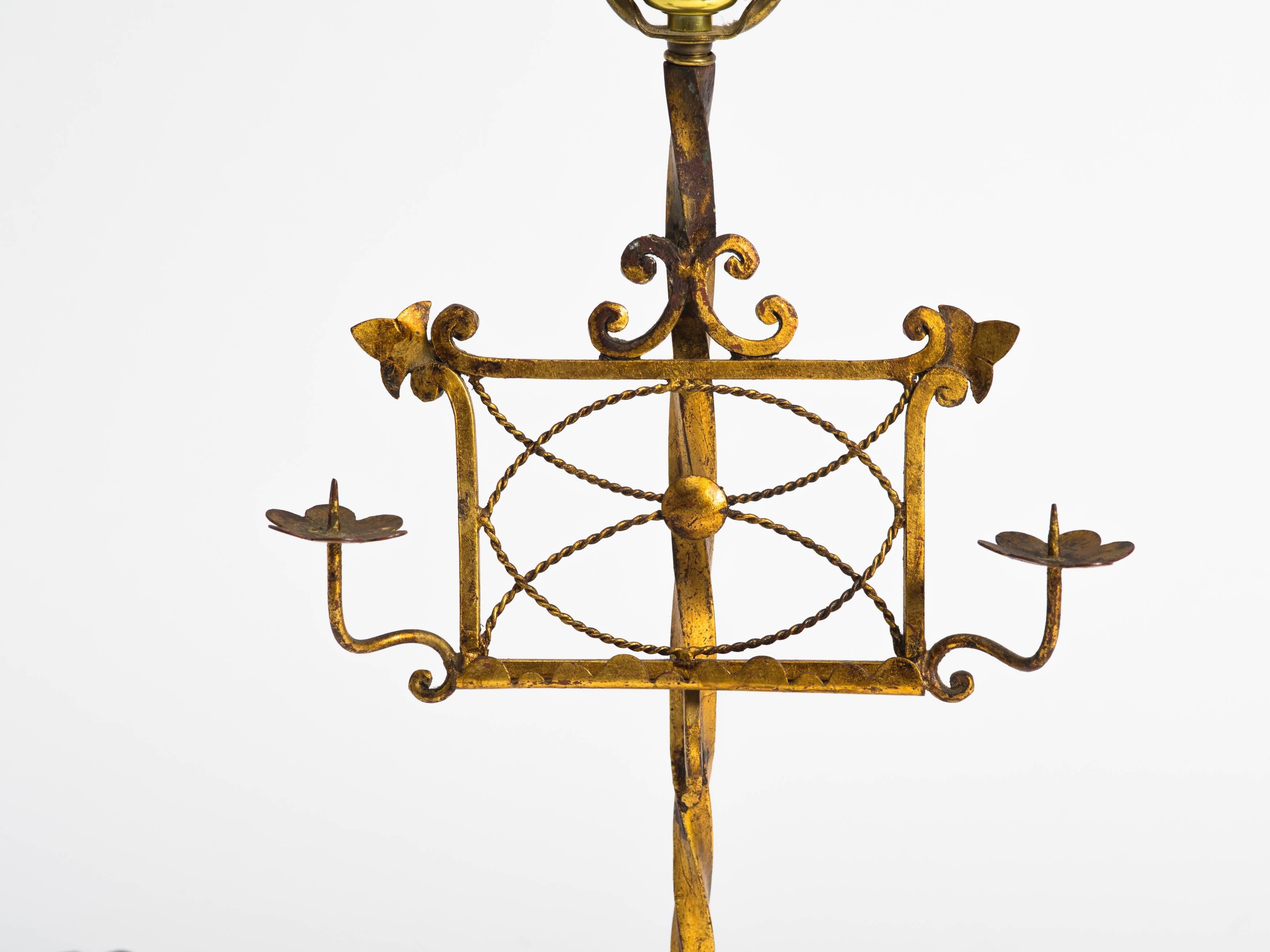 Gilt metal Italian music stand table lamp with candleholders.