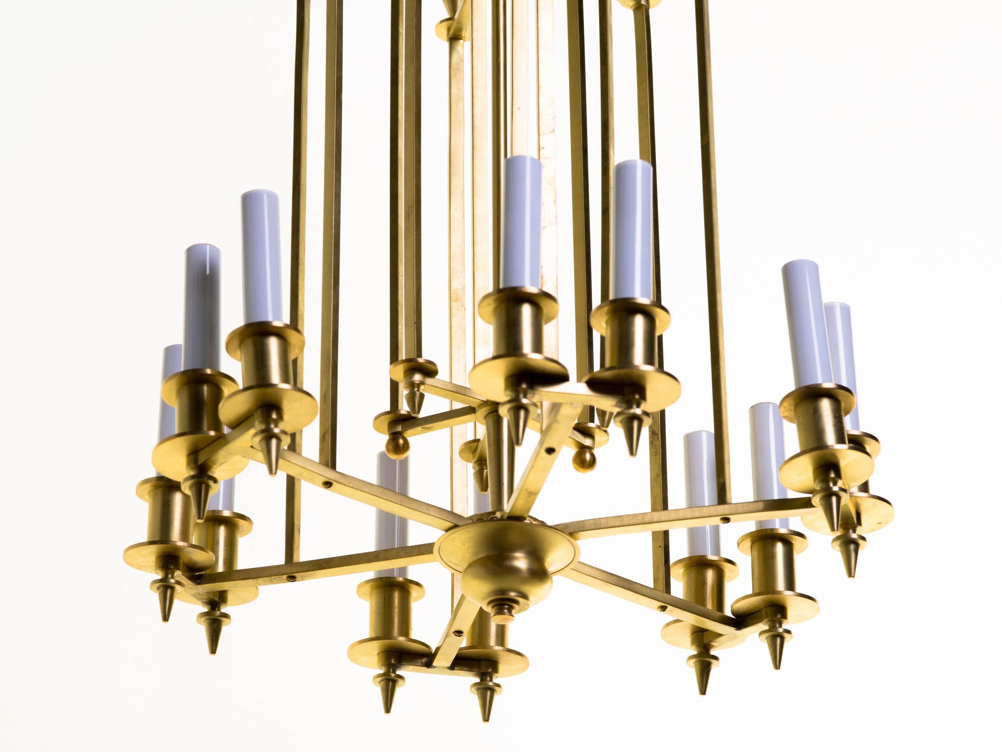 Twelve-light brass Skyscraper chandelier.