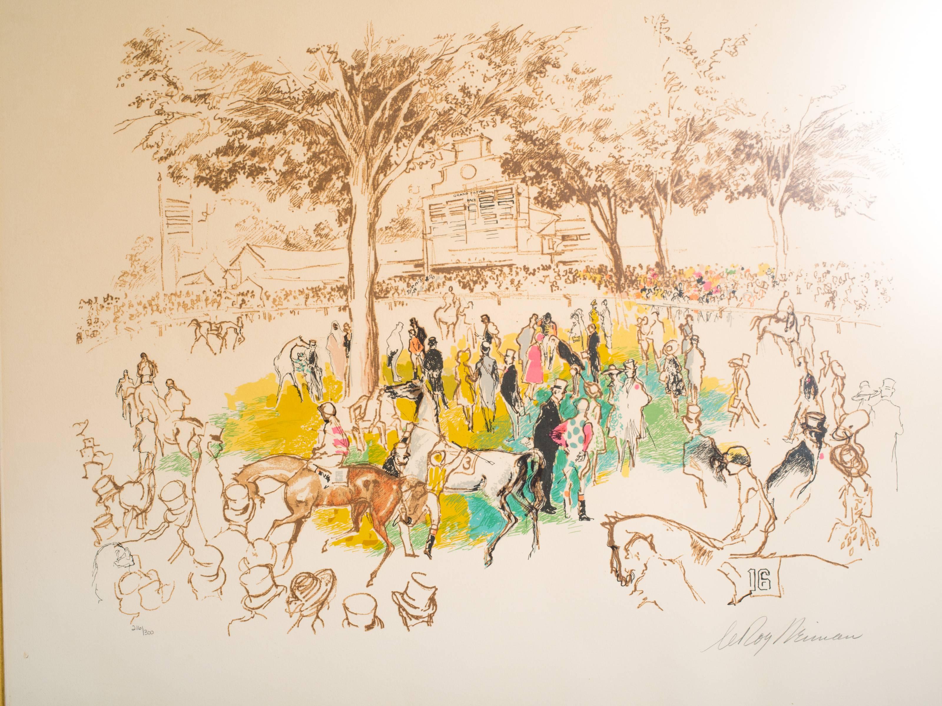 Large size LeRoy Neiman pencil signed and numbered horse race serigraph. Original frame with sun proof glass. Numbered 216/300.
