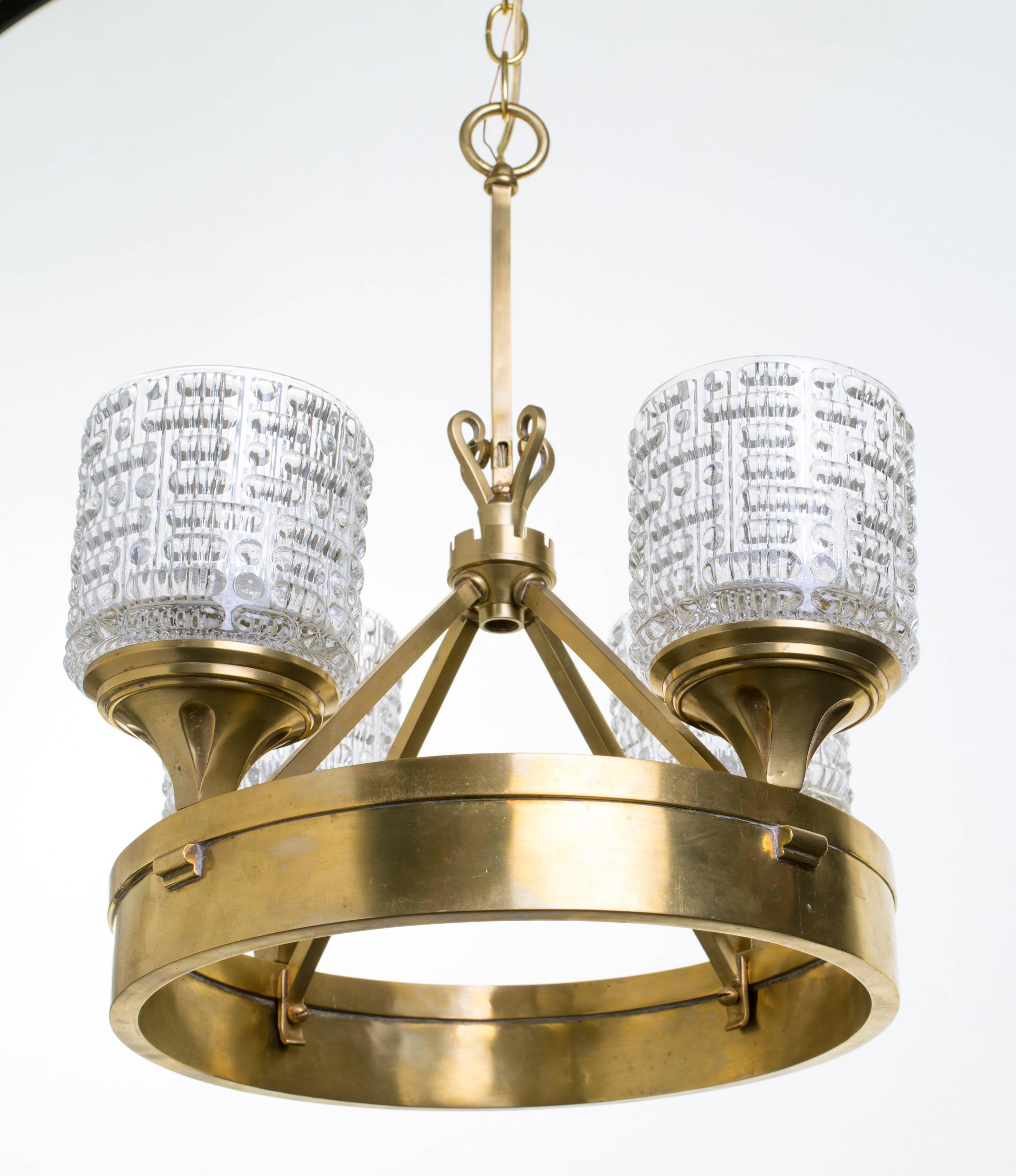 Pressed Glass and Brass German Chandelier In Fair Condition For Sale In Tarrytown, NY