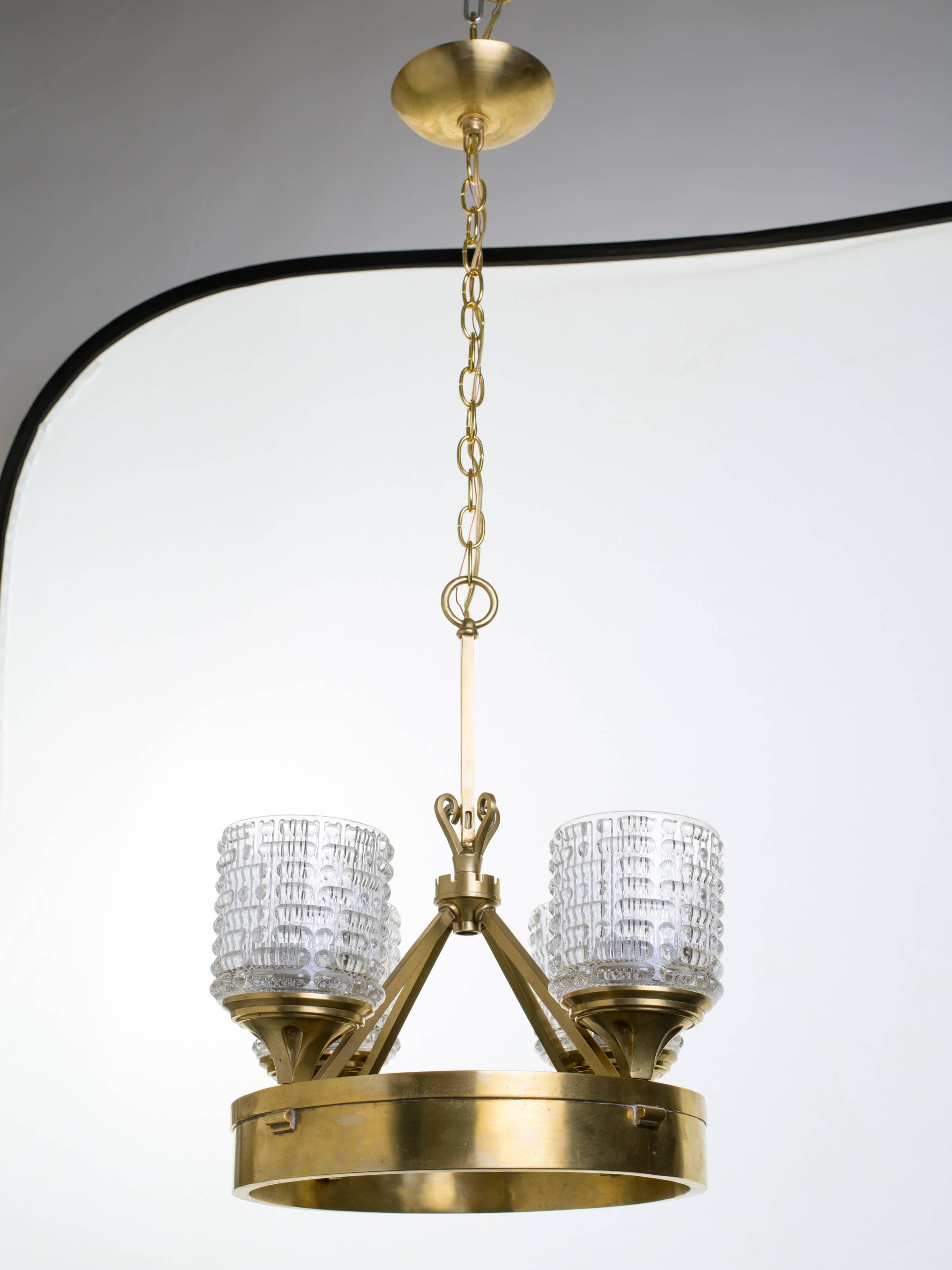 Pressed Glass and Brass German Chandelier For Sale 3