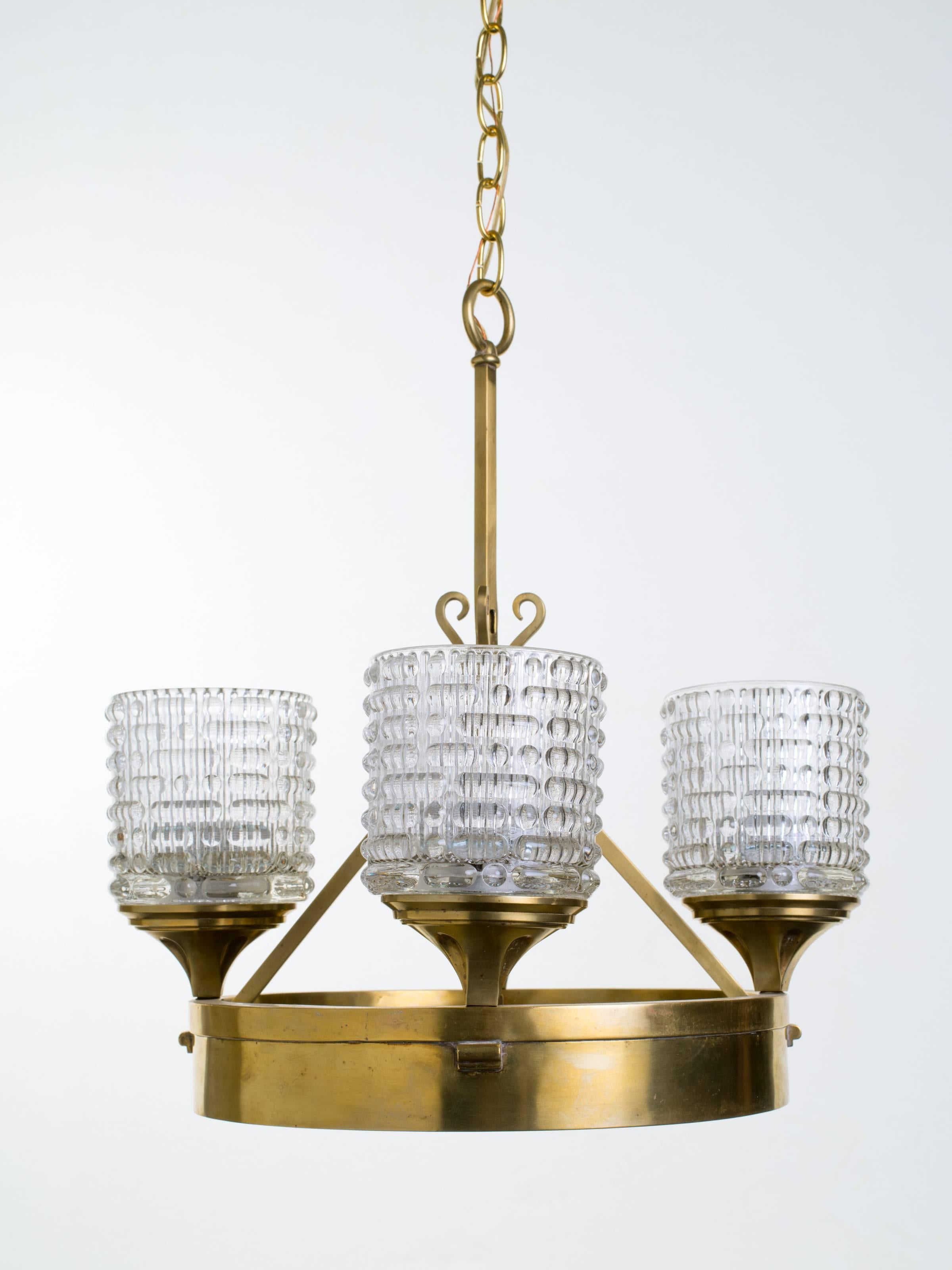 Pressed Glass and Brass German Chandelier For Sale 4