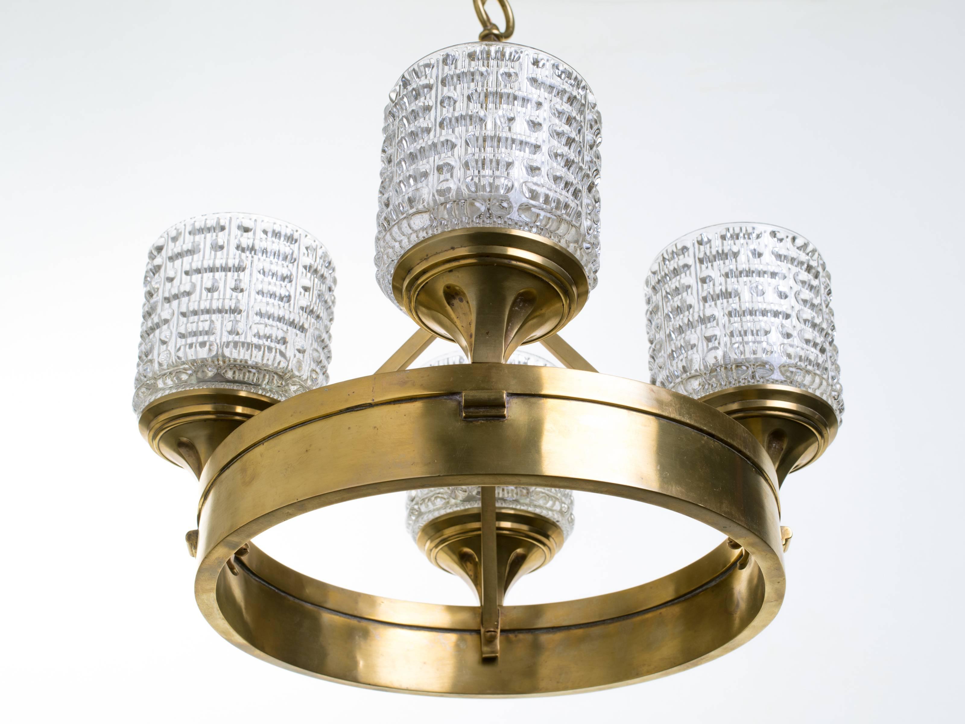 20th Century Pressed Glass and Brass German Chandelier For Sale