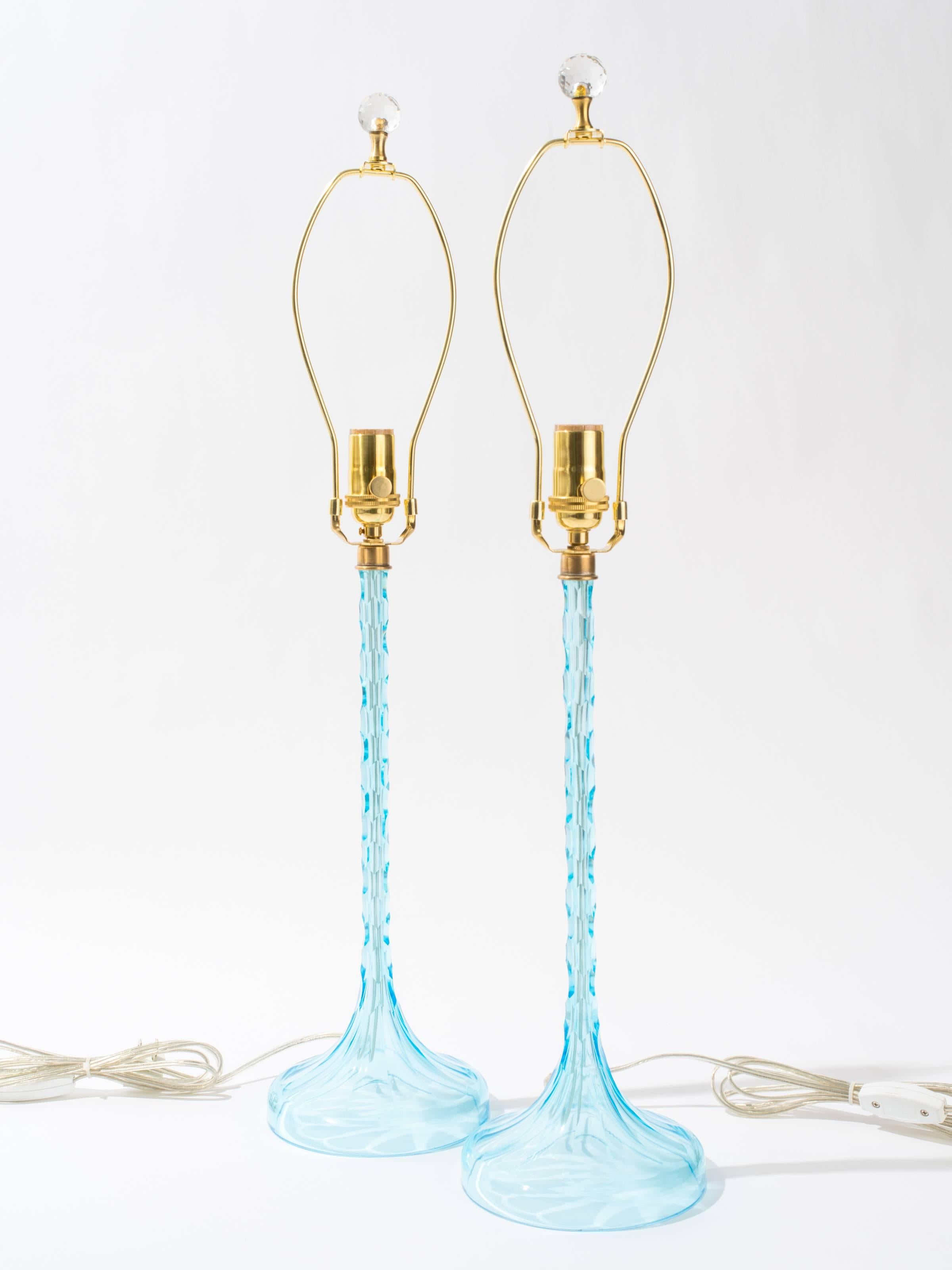 Mid-20th Century Hand-Cut Blue Glass Lamps For Sale