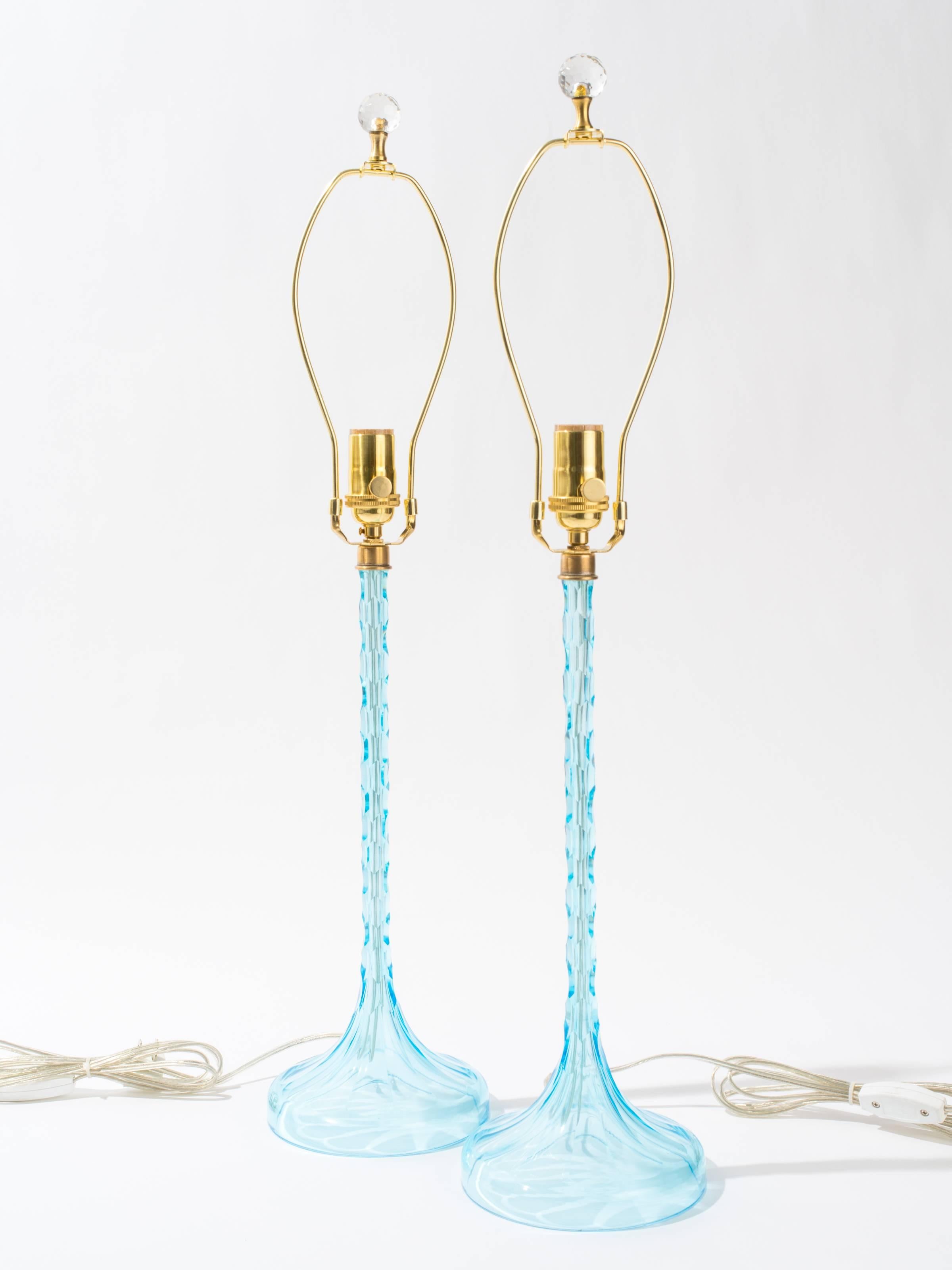 Mid-20th Century Hand-Cut Blue Glass Lamps