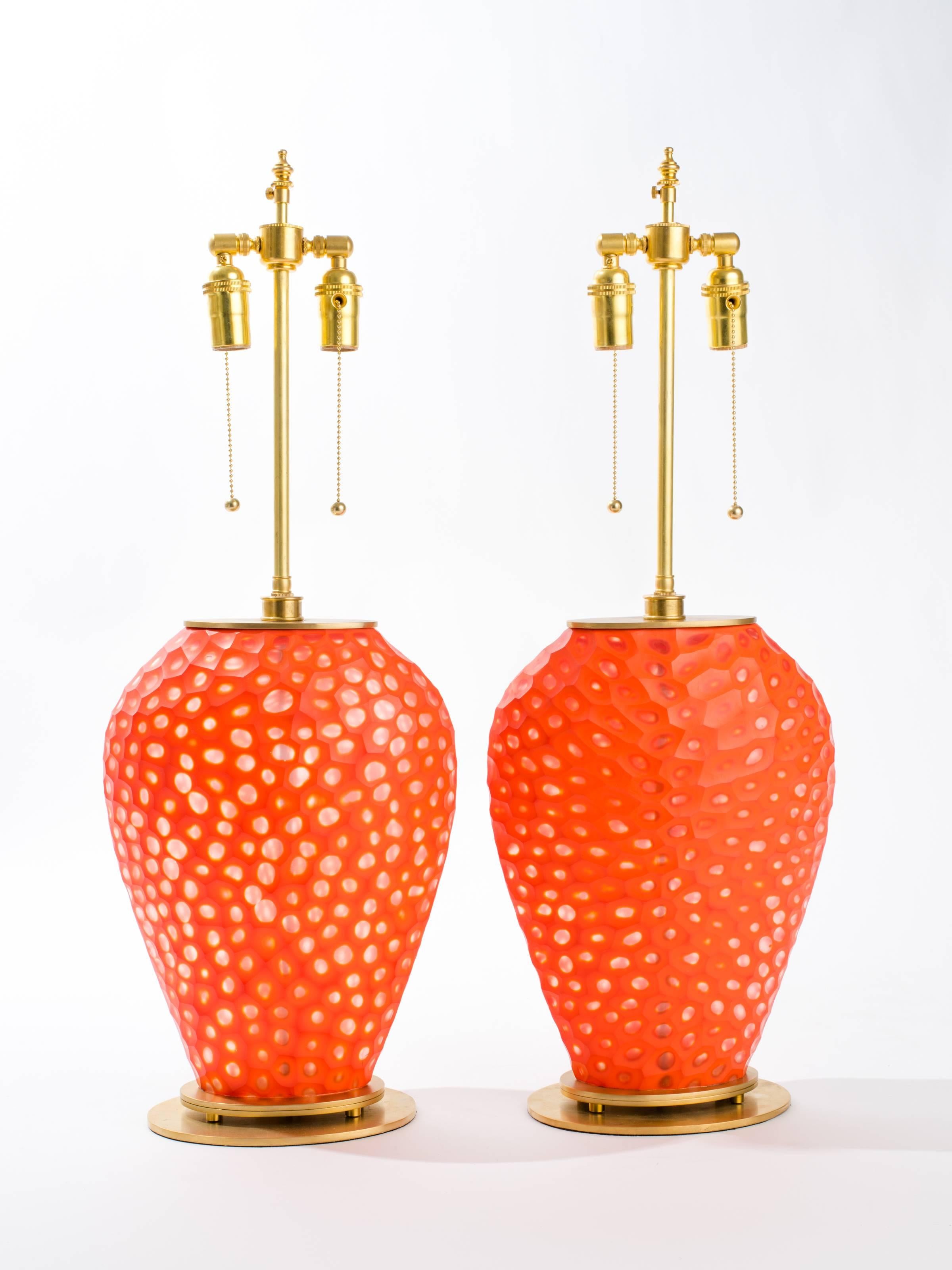 Brass Pair of Orange Art Glass Table Lamps