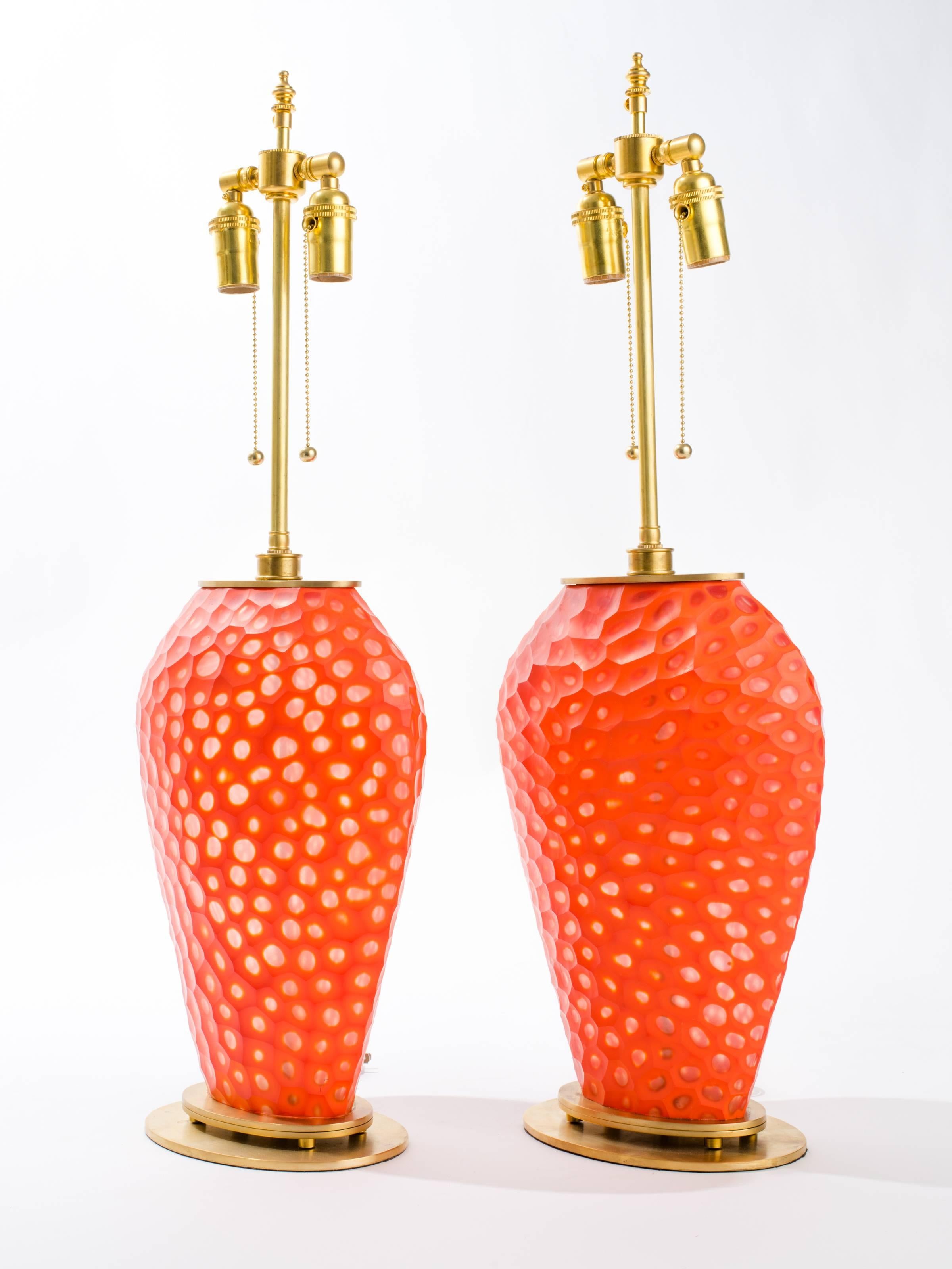 Italian Pair of Orange Art Glass Table Lamps