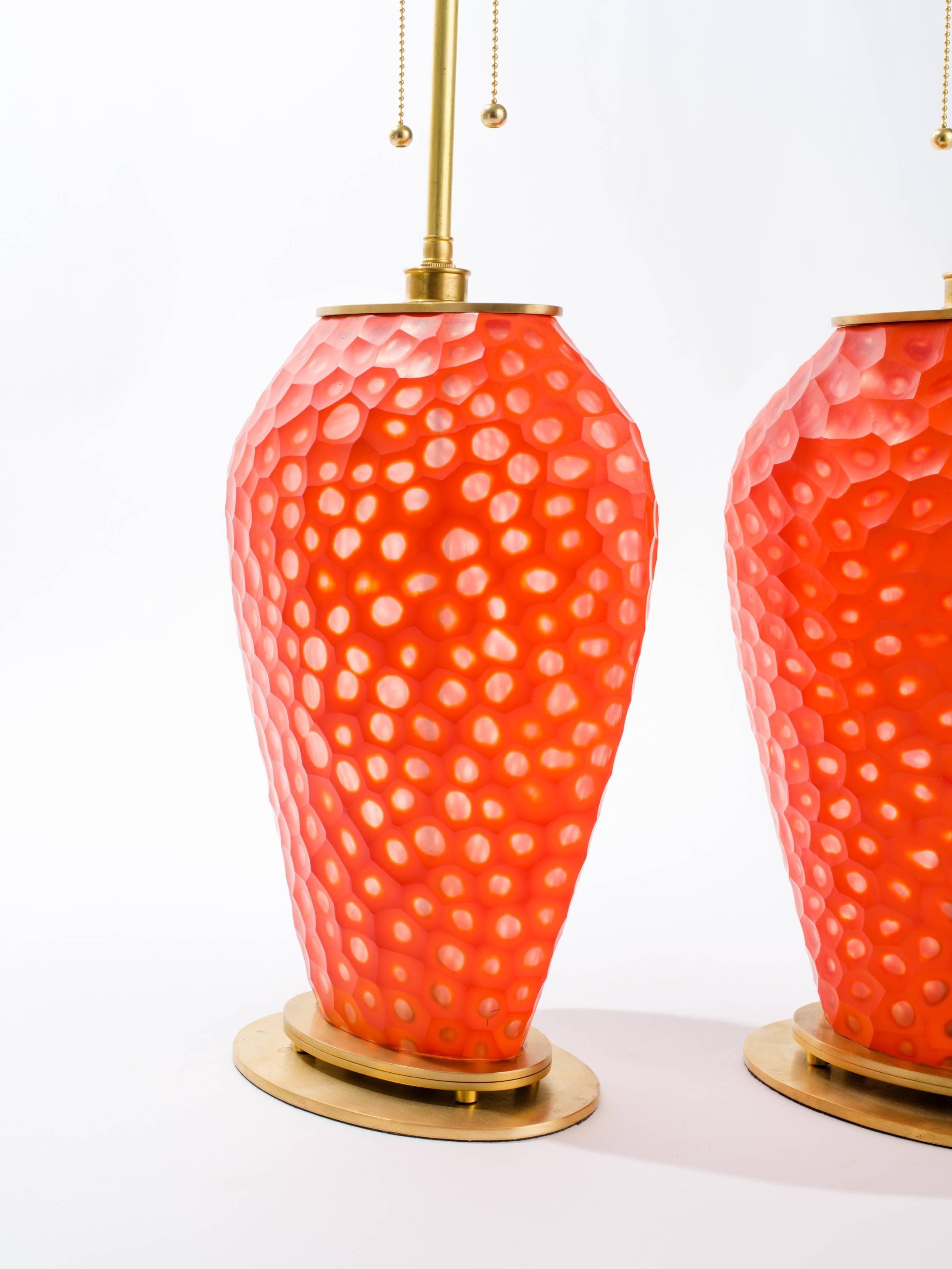 Pair of Orange Art Glass Table Lamps In Good Condition In Tarrytown, NY