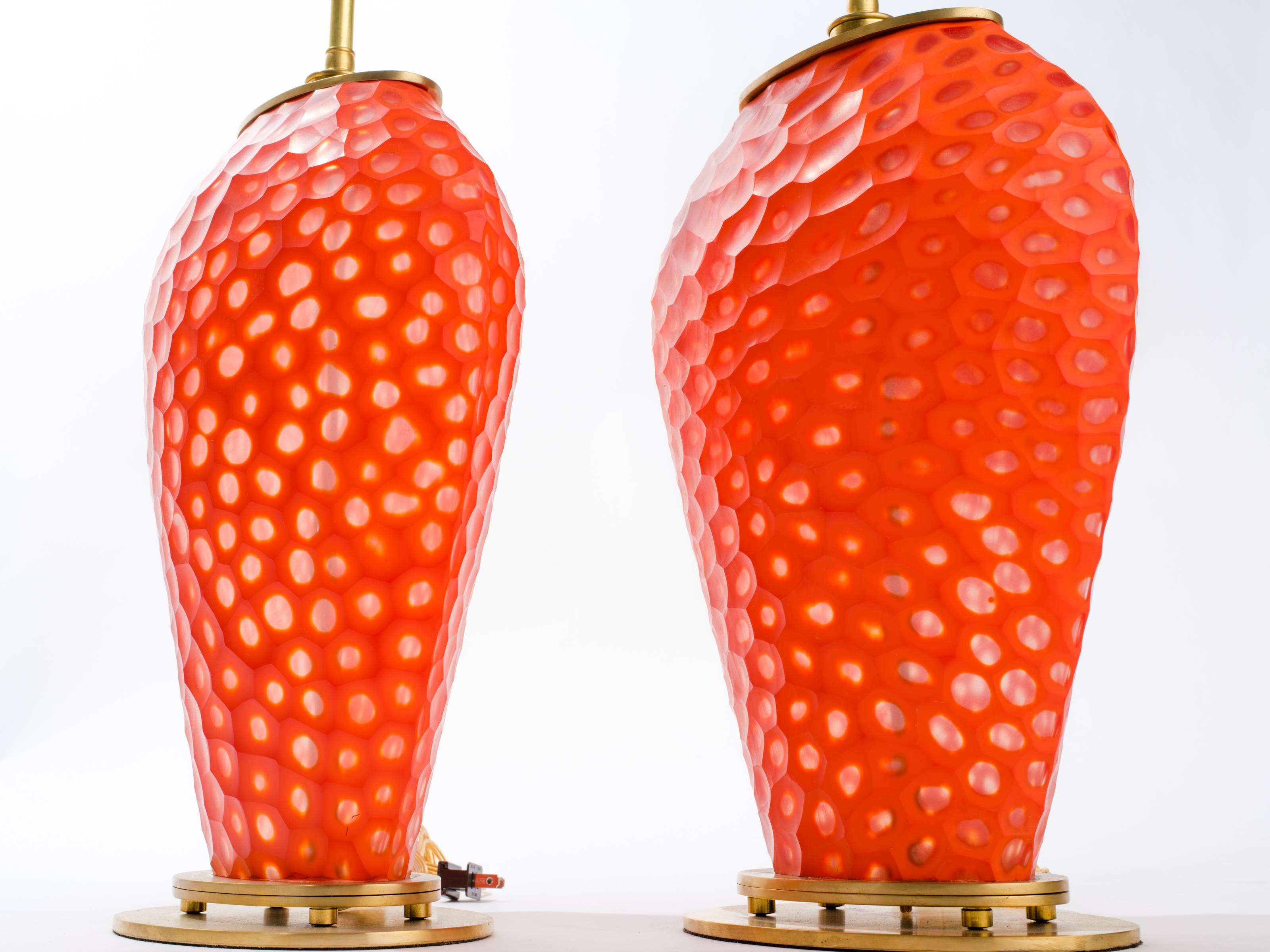 Contemporary Pair of Orange Art Glass Table Lamps