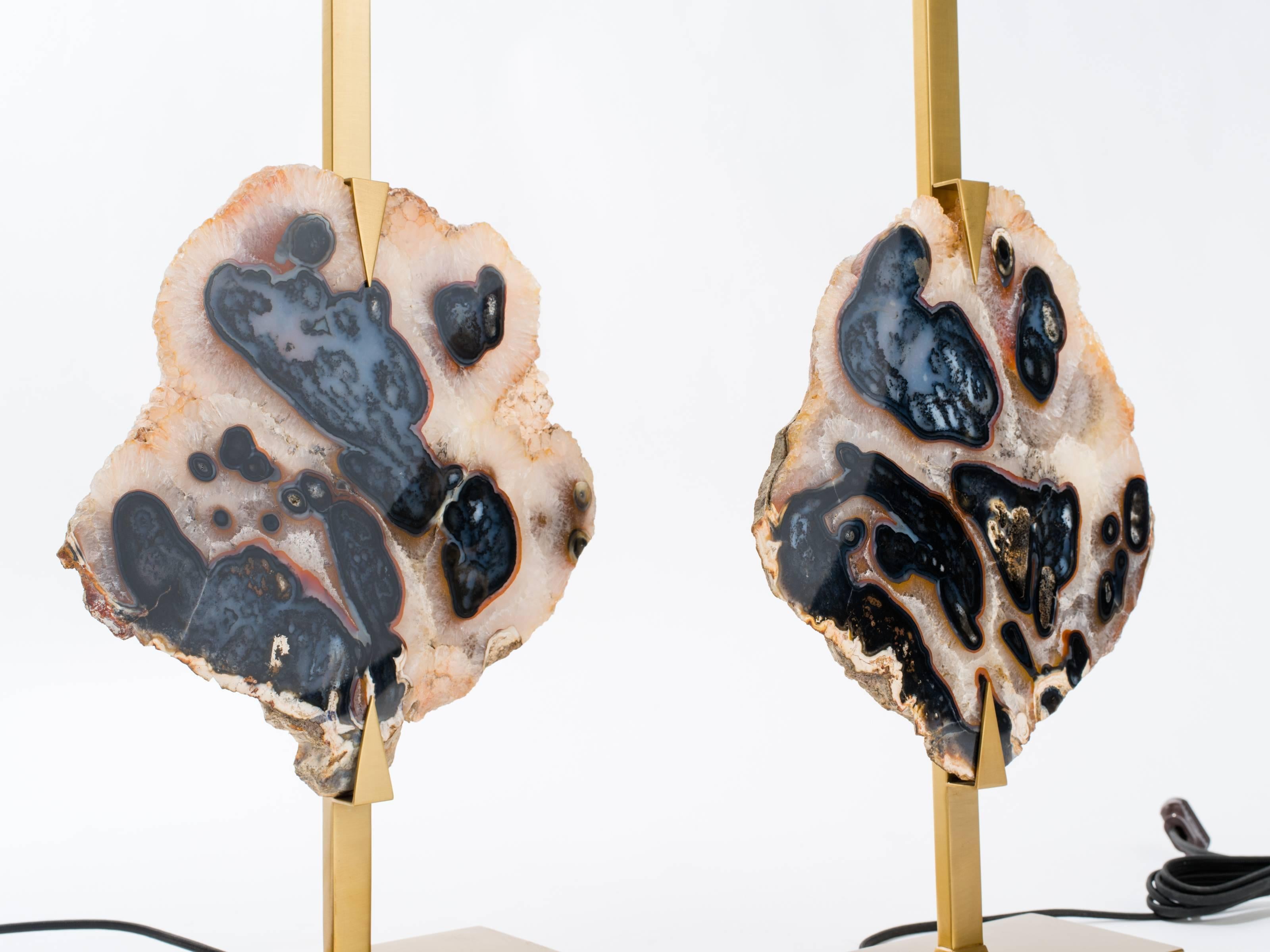 Hand-Crafted Pair of Agate Table Lamps, Custom-Made For Sale