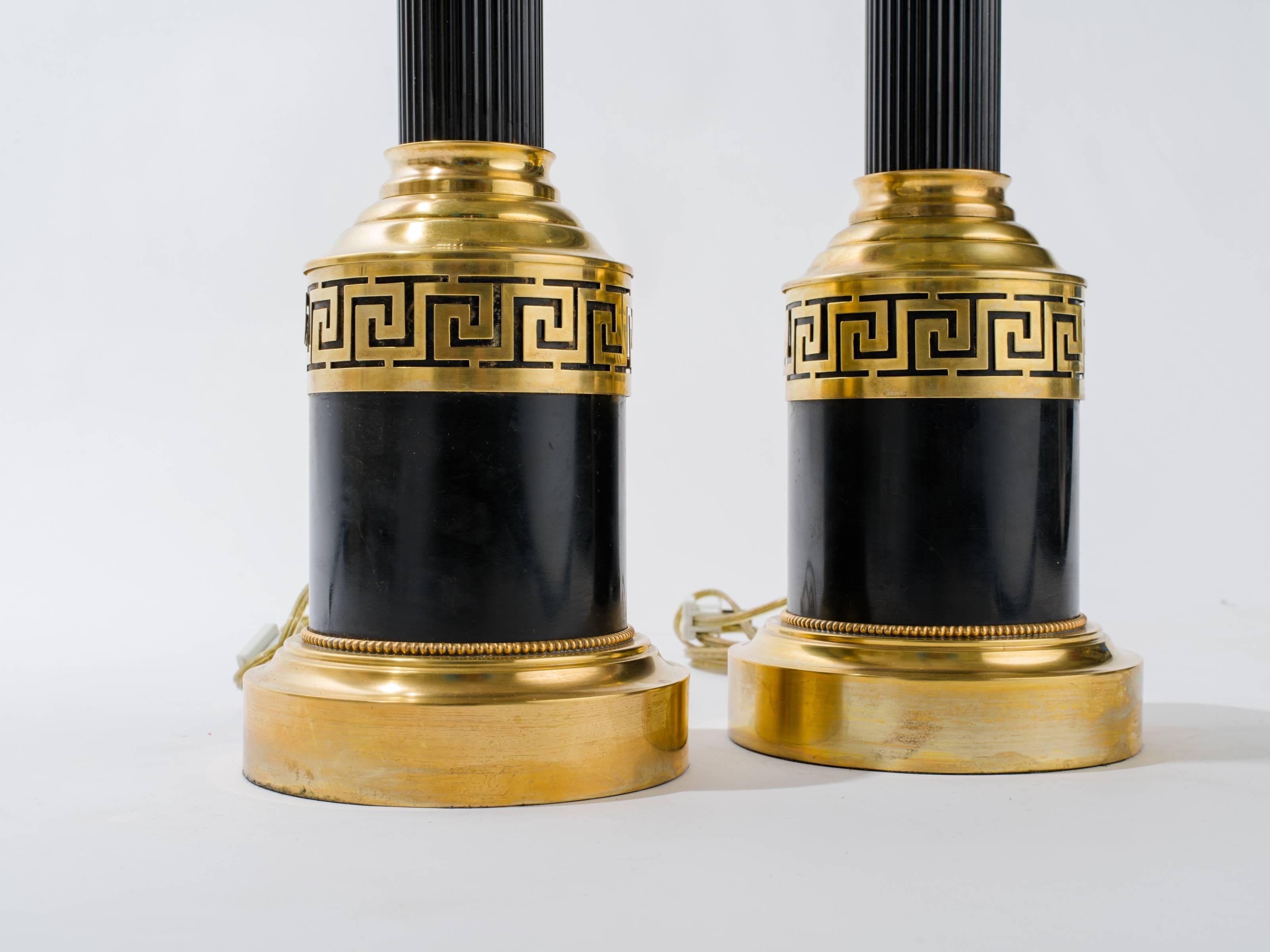 American Greek Key Brass Column Table Lamps For Sale