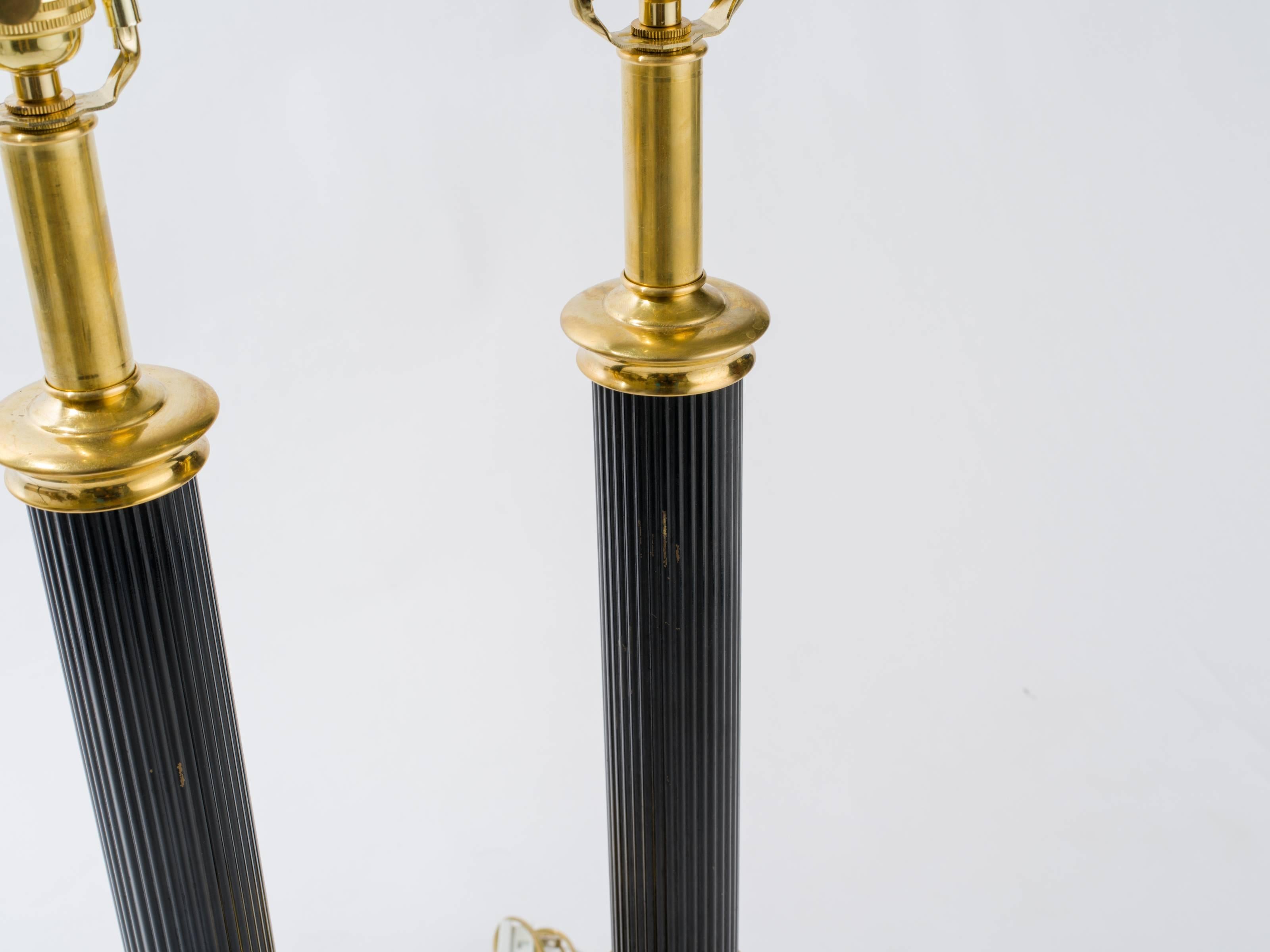 Greek Key Brass Column Table Lamps In Good Condition For Sale In Tarrytown, NY