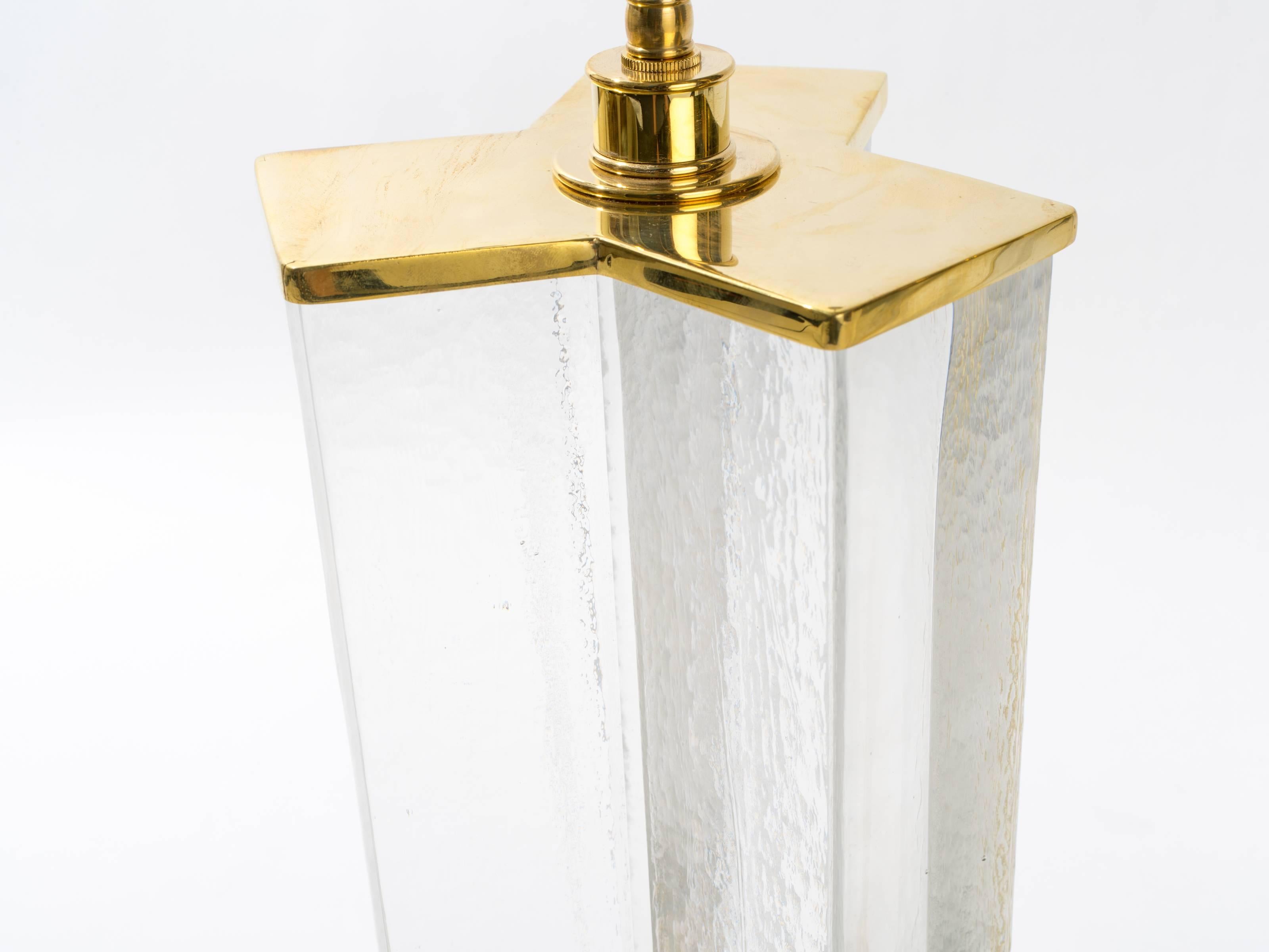 Brass Cast Textured Glass Column Table Lamps For Sale