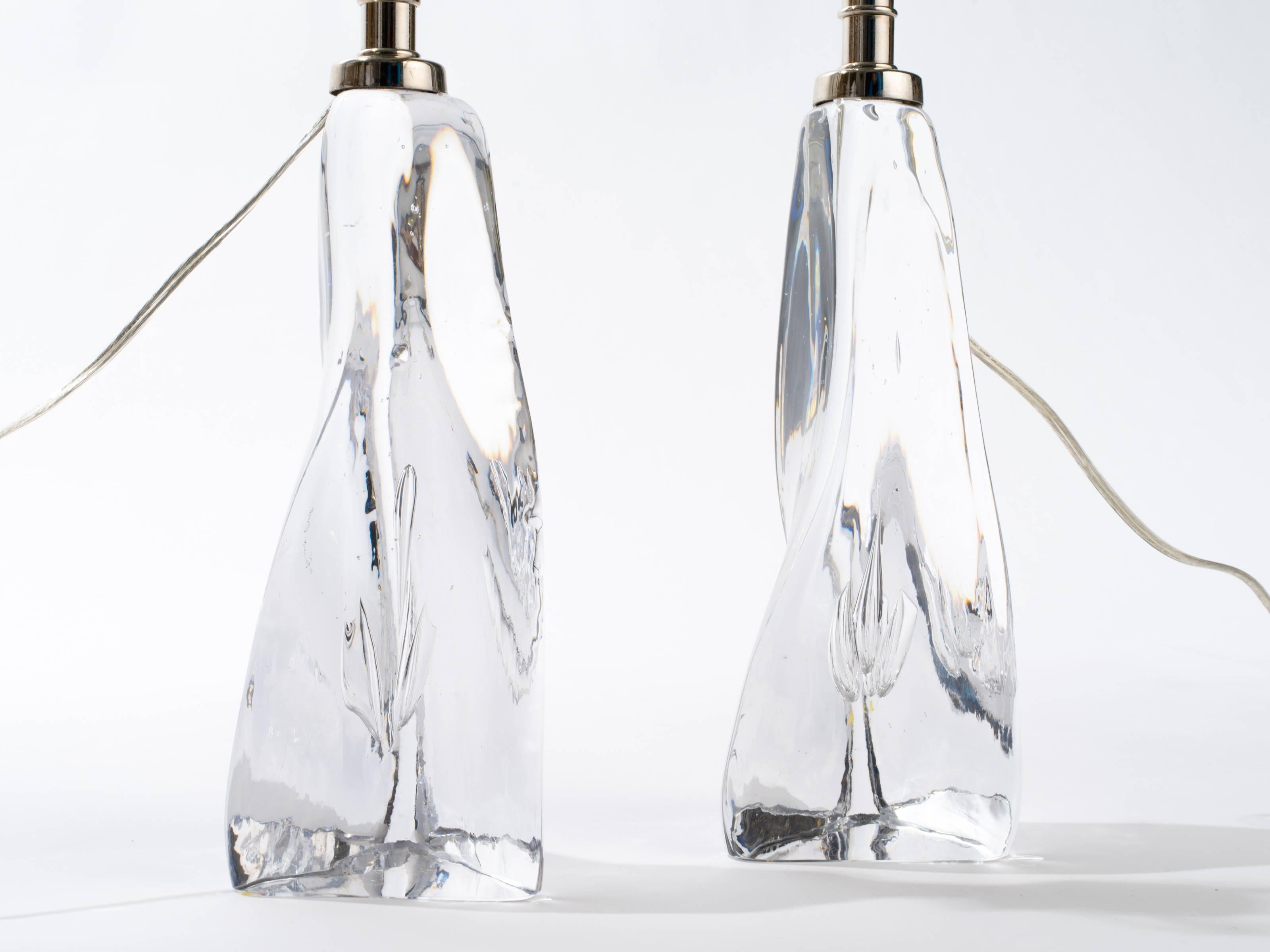Swedish Pair of Clear Art Glass Lamps For Sale