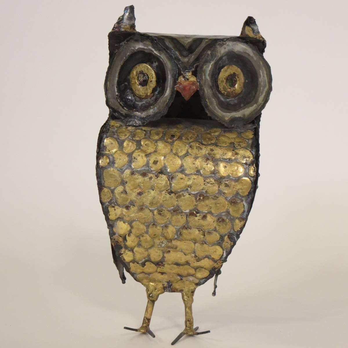 1970s metal owl sculpture, signed E. Garfinkle with gold paint accents.