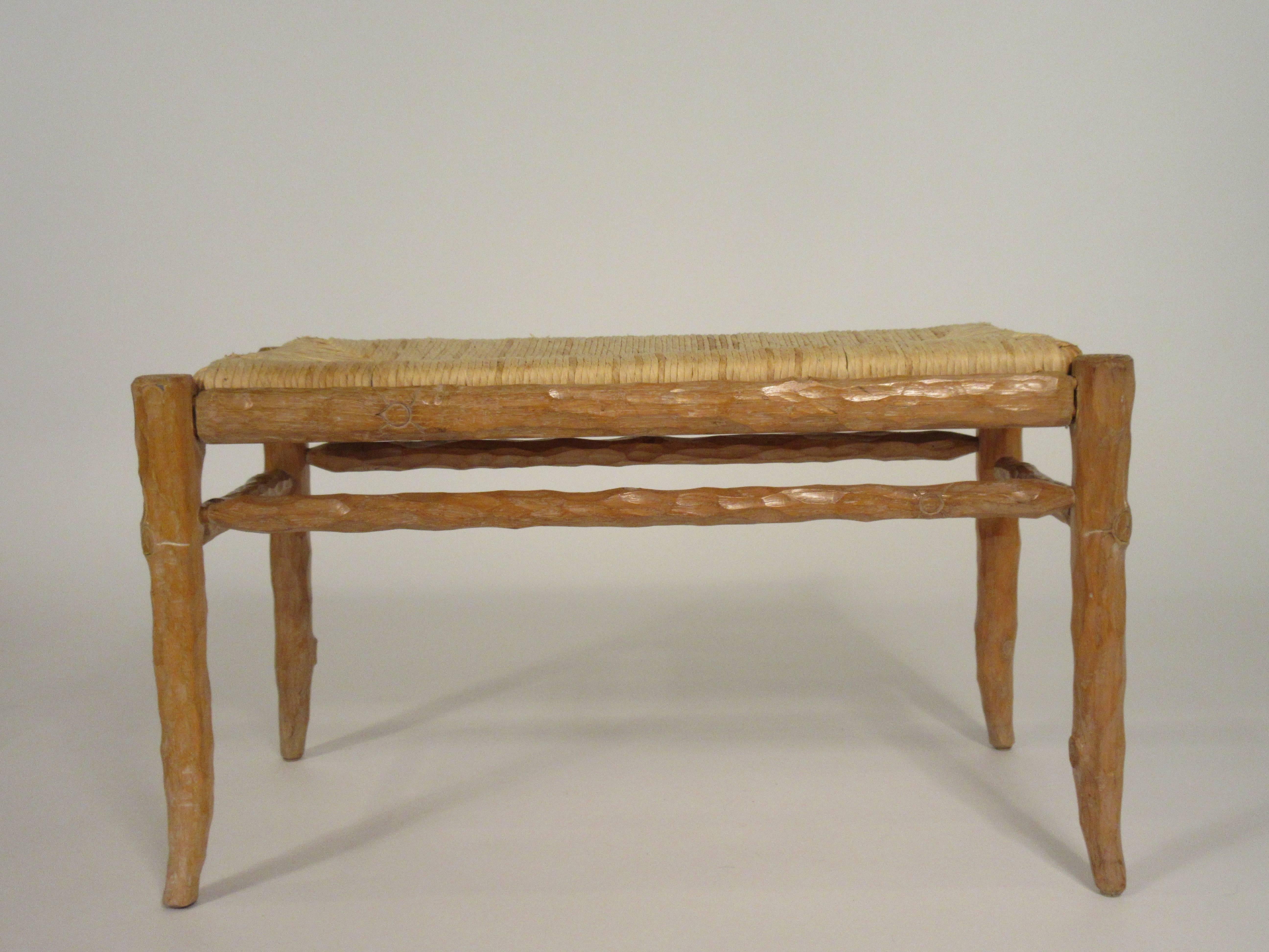 1970s faux bois wood bench with rush seat.