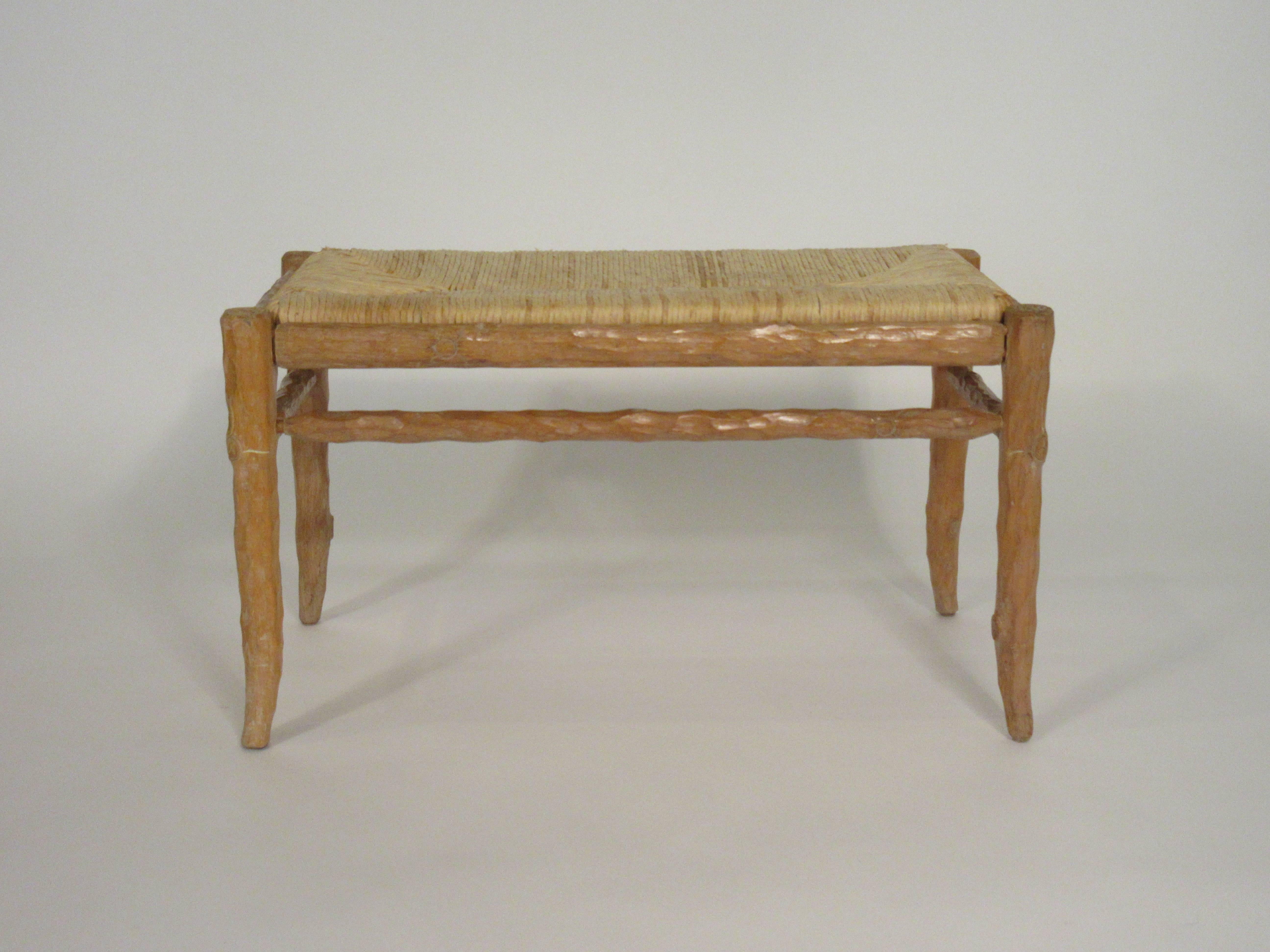 1970s Faux Bois Wood Bench with Rush Seat In Good Condition In Tarrytown, NY