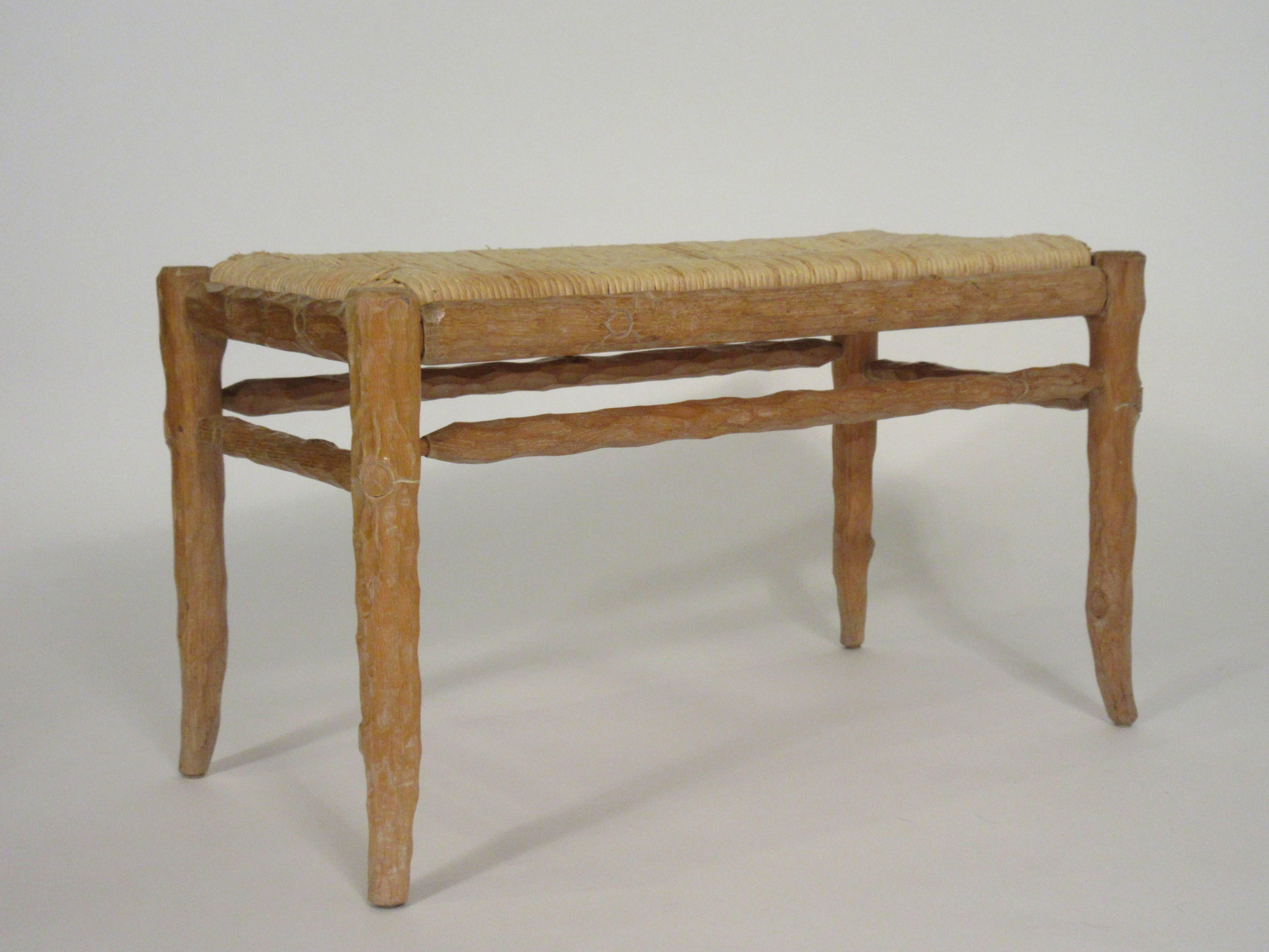 Late 20th Century 1970s Faux Bois Wood Bench with Rush Seat