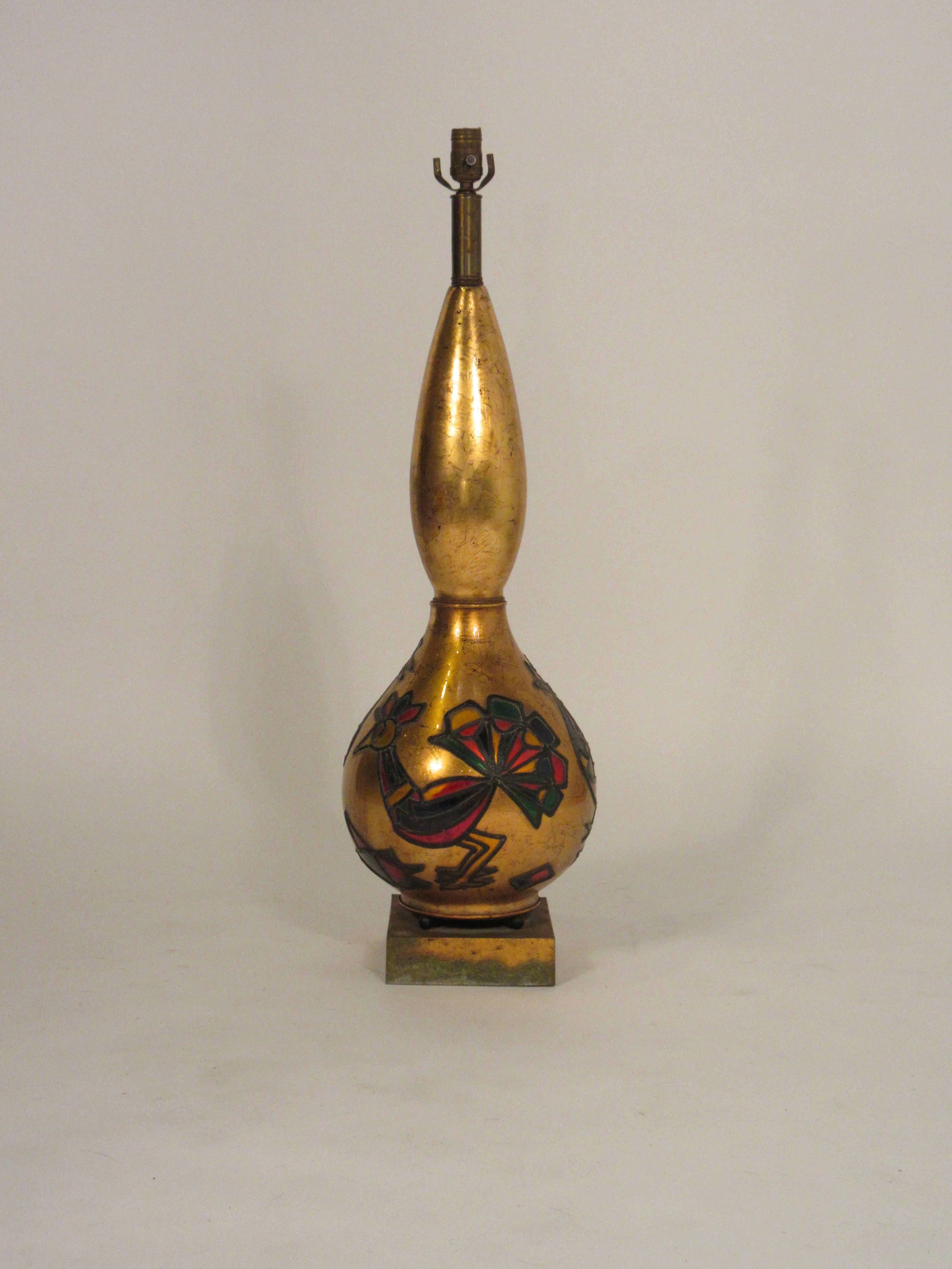 Unique 1950s very tall gilt egloisme peacock lamp, on gilt metal base.