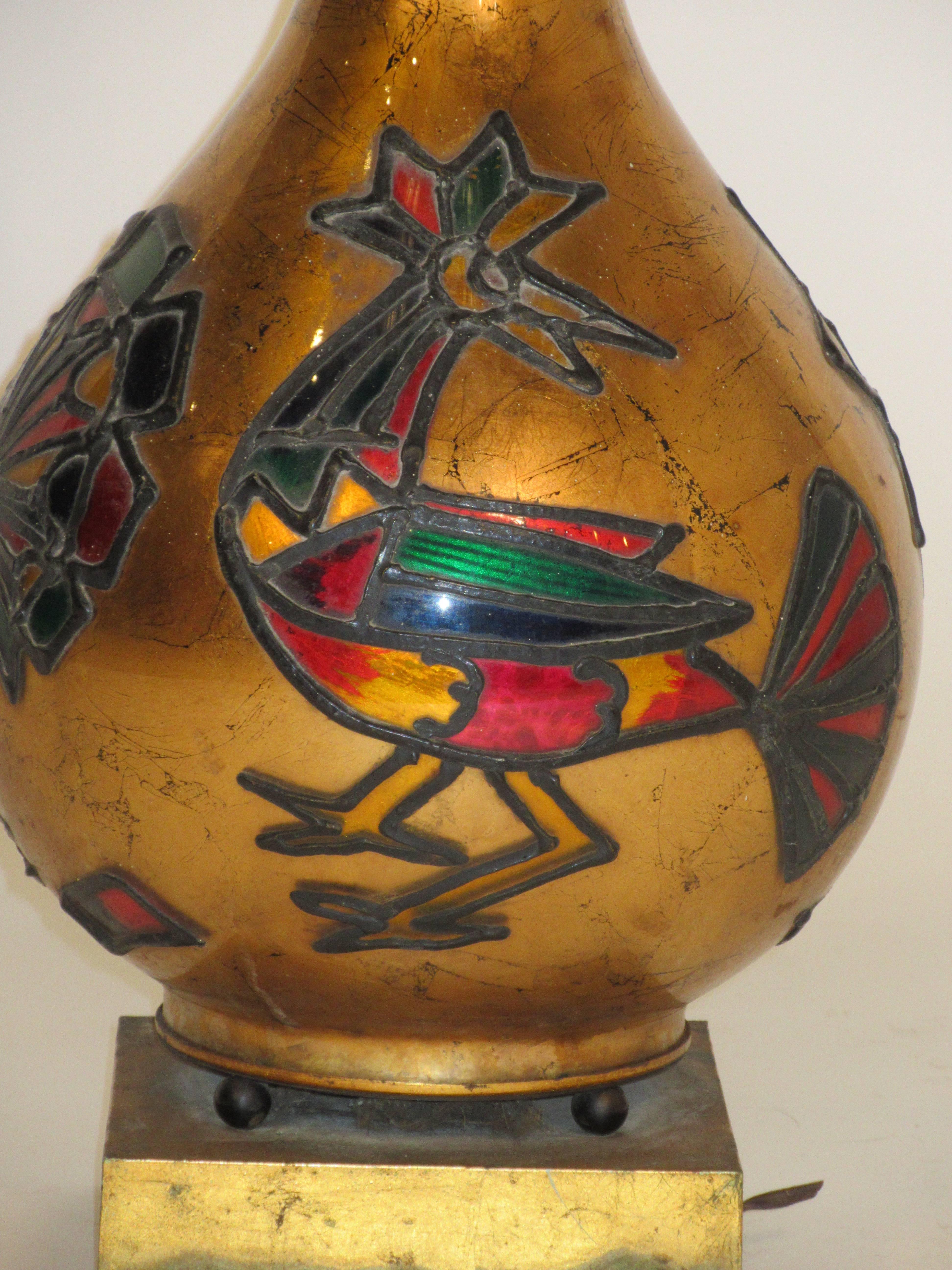 Mid-20th Century 1950s Tall Églomisé Gilt Peacock Lamp