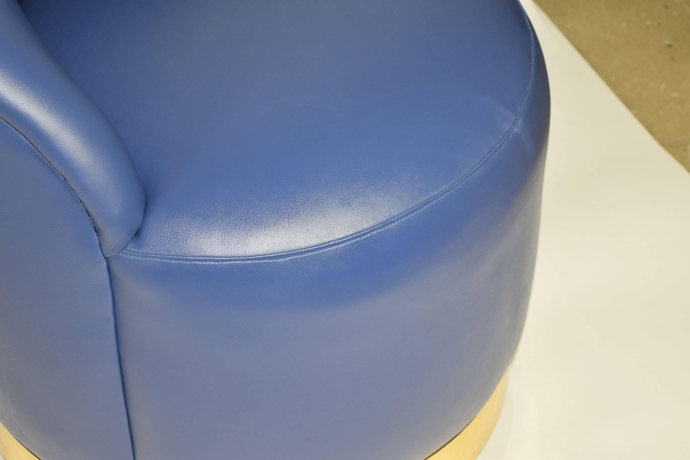 Karl Springer Style Chairs in Blue Leather with Brass Finish Base on Casters 2