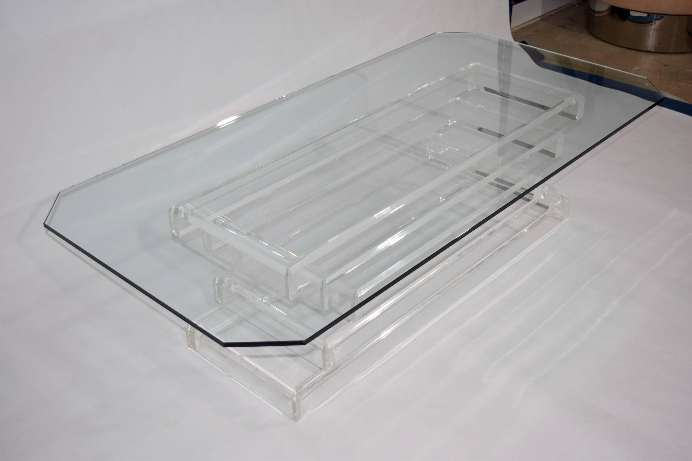 20th Century Stacked Lucite with Glass Top Coffee Table