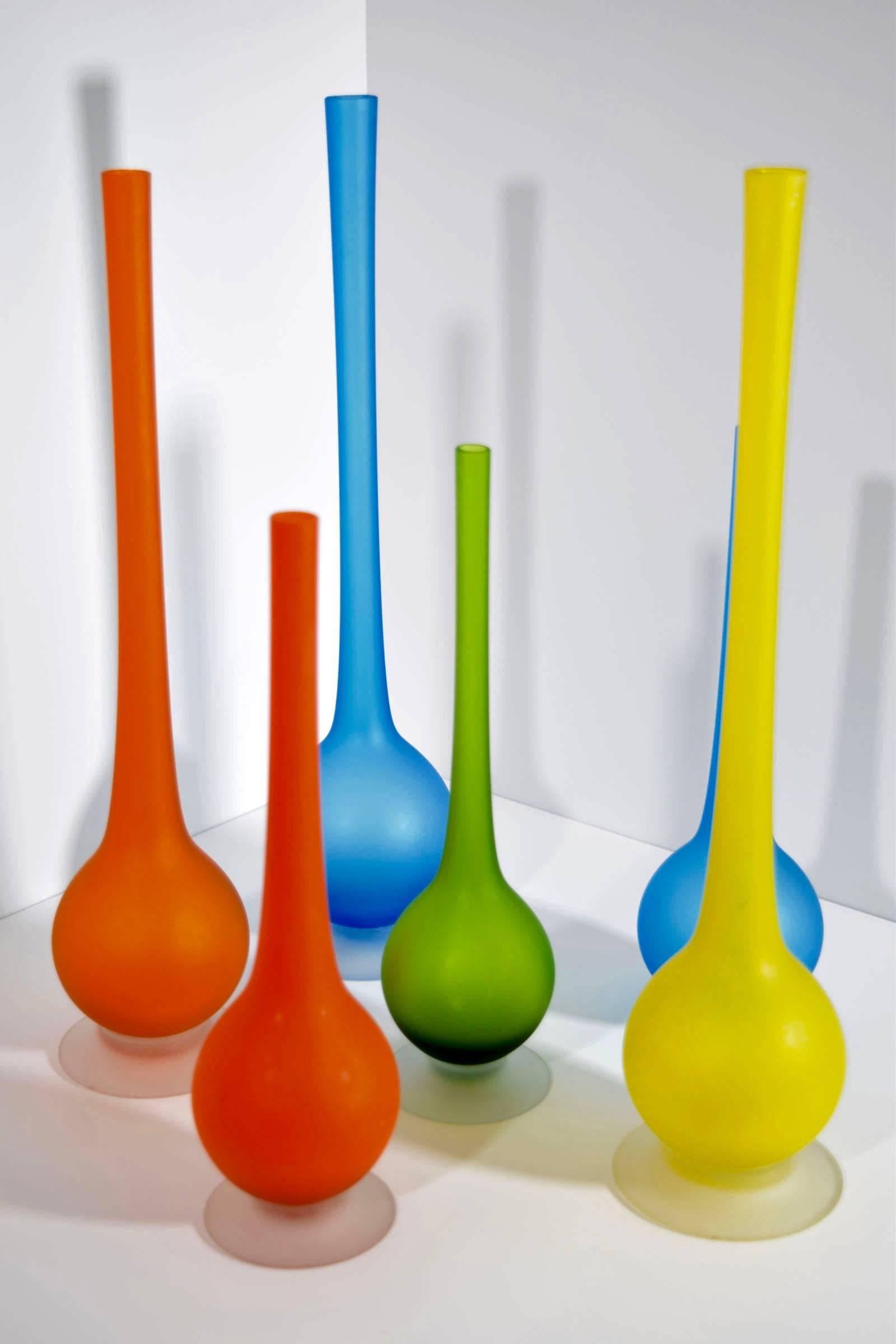 A beautiful collection of six colorful vases by Carlo Moretti for Rosenthal Netter. Murano glass. Tall ones are 14.5