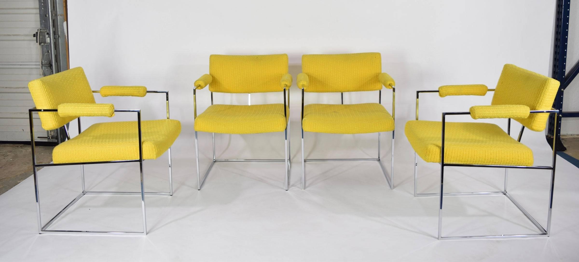 A beautiful set of Milo Baughman 1188 dining chairs with chrome frames. He designed these for Thayer Coggin in 1968. Thayer Coggin chose this chair as his dining chair in his personal residence. The fabric is a beautiful color and weave but it is